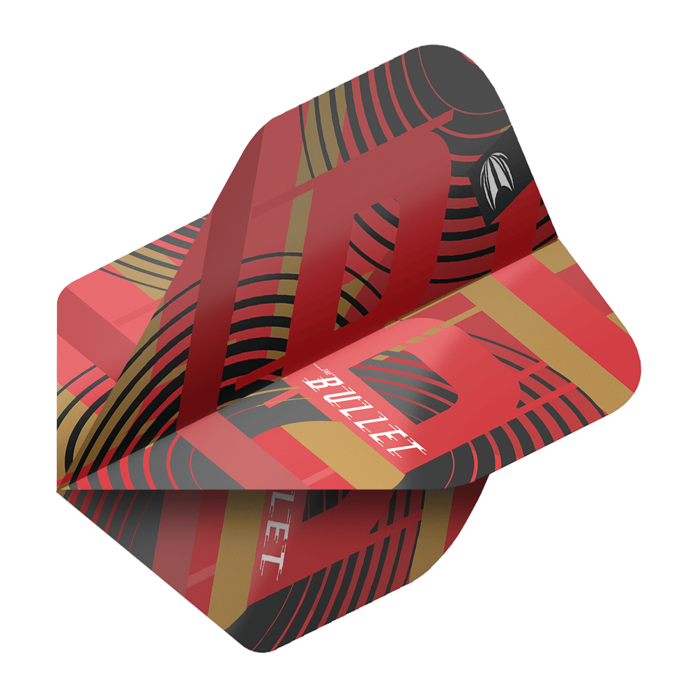 Das Bild zeigt einen Dartflight aus der Serie "Target Pro Ultra Stephen Bunting GEN5 No2 Standard Flights". Das Design ist rot mit schwarzen und goldenen Akzenten sowie dem Schriftzug "BULLET".