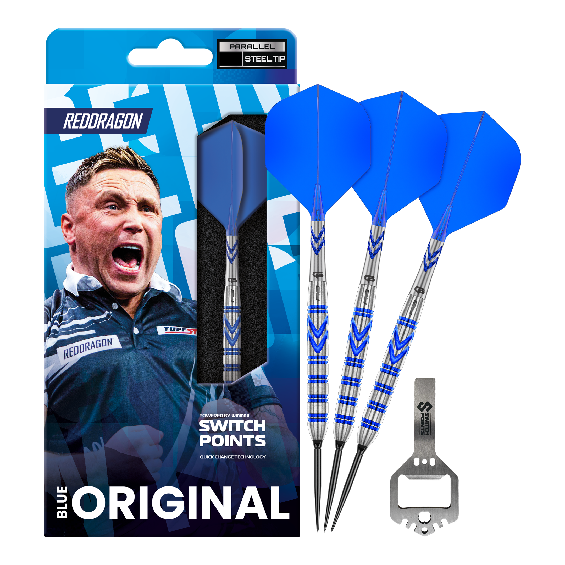 Red Dragon Gerwyn Price Blue Original Switch Point Steeldarts Das Bild zeigt die Red Dragon Gerwyn Price Blue Original Switch Point Steeldarts. Es handelt sich um hochwertige Steeldarts mit blauem Design.