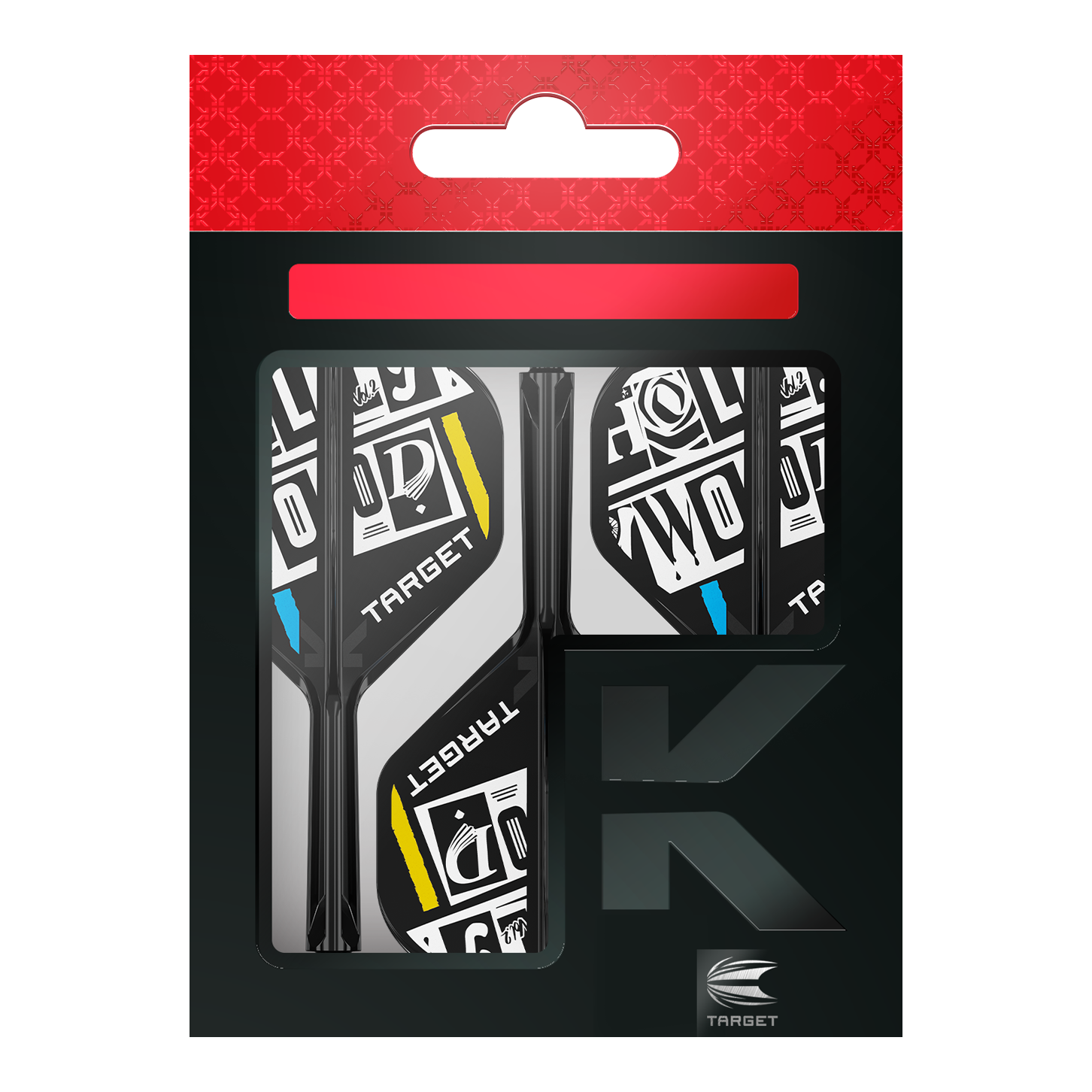 Target K-Flex Chris Dobey No2 Standard Flight-Shaft-System Das Bild zeigt eine Packung der "Target K-Flex Chris Dobey No2 Standard Flights". Die Flights sind schwarz-weiß mit gelben und blauen Akzenten gestaltet und befinden sich in einer schwarzen Verpackung mit rotem Aufhänger.