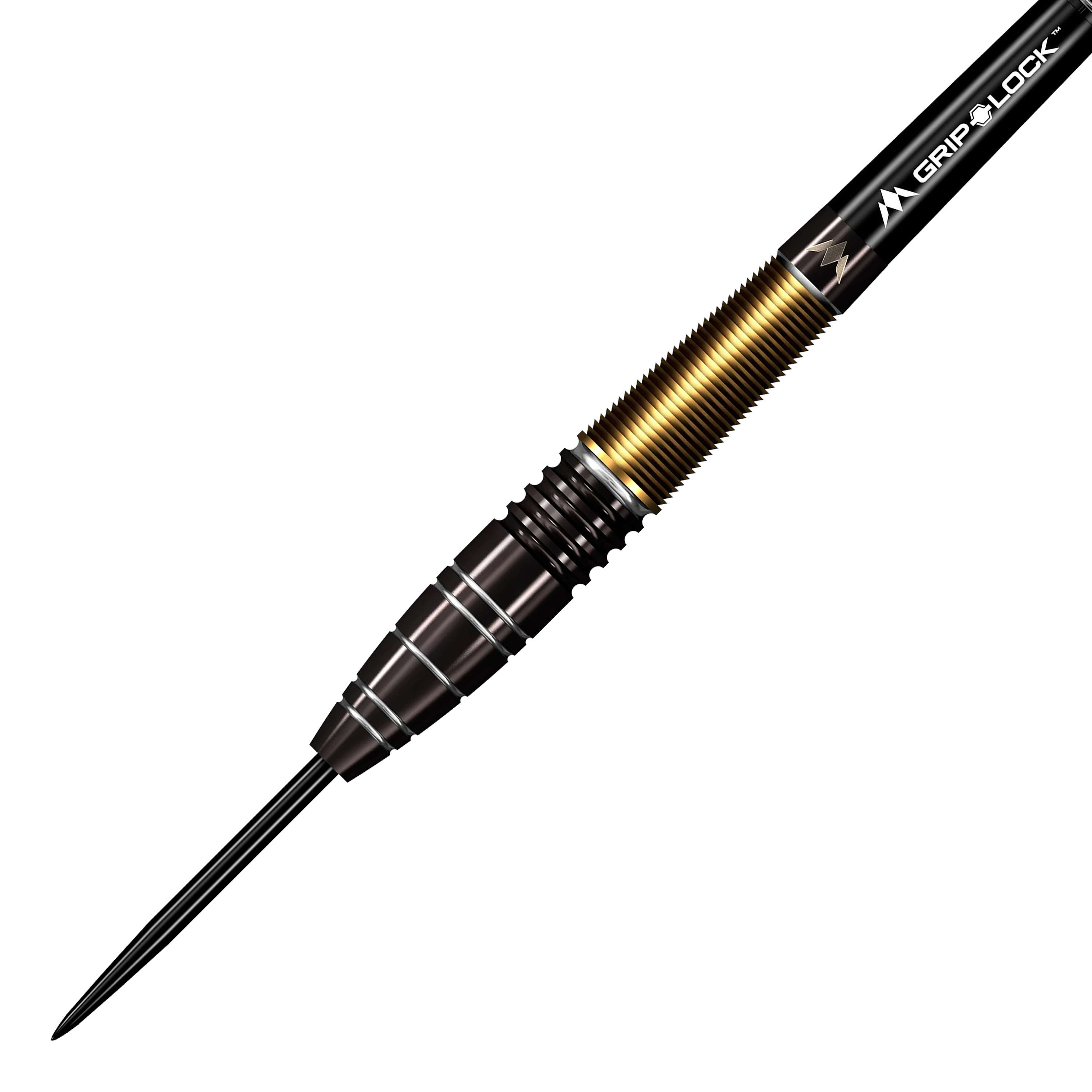 Mission Crypt Model 1 Steeldarts - 22g Das Bild zeigt einen Mission Crypt Model 1 Steeldart mit einem Gewicht von 22g. Der Dart hat ein elegantes Design mit schwarzen und goldenen Akzenten.