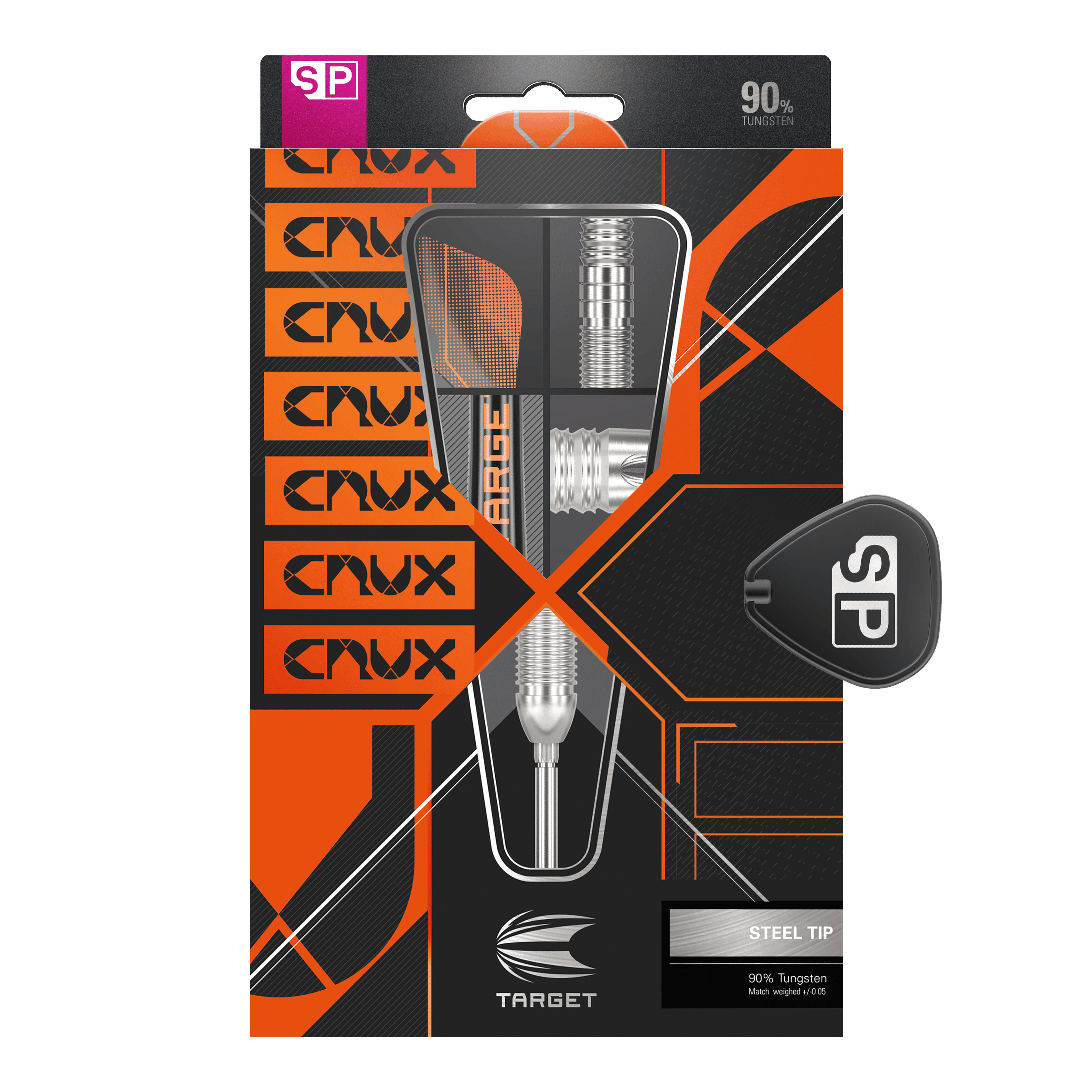 Die Verpackung zeigt ein Set von TARGET Steeldarts mit 90% Tungsten. Das Design ist in Schwarz und Orange gehalten und hebt die Spitzen sowie das "SP" Logo hervor.