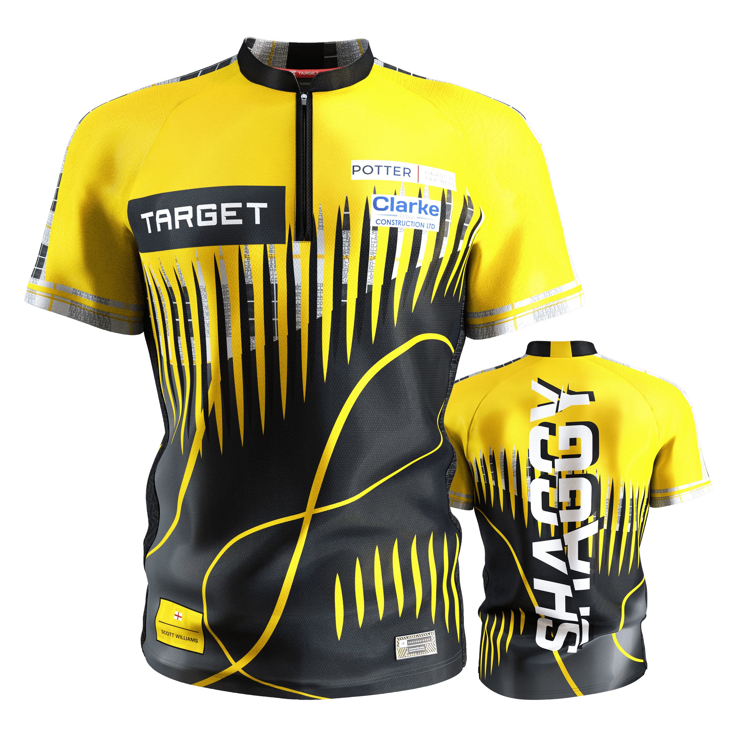Target Coolplay Scott Williams 2025 Dartshirt Das Bild zeigt das "Target Coolplay Scott Williams 2025 Dartshirt" in Gelb und Schwarz mit auffälligem Muster. Auf der Rückseite steht groß das Wort "SHAGGY".