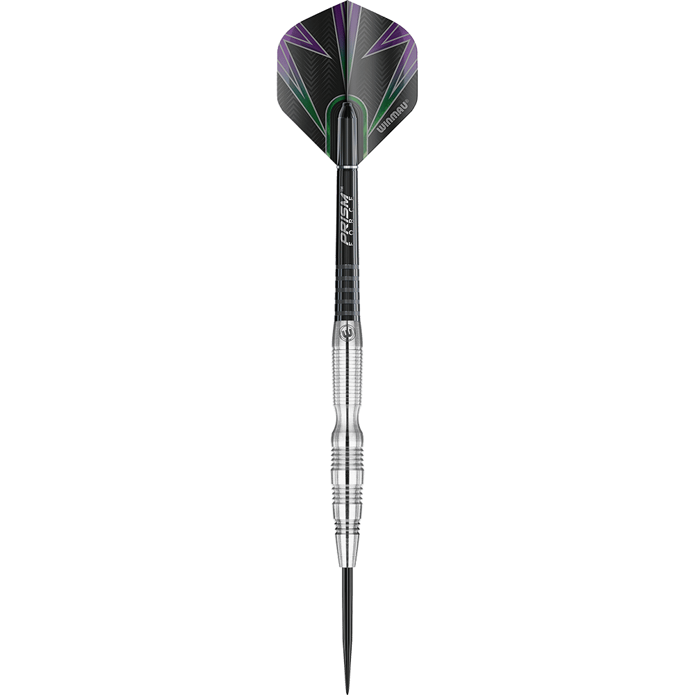 Das Bild zeigt einen Winmau Simon Whitlock 90 % Tungsten Steeldart. Der Dart hat eine metallische silberne Spitze und ein schwarzes Flight mit lila und grünen Akzenten.