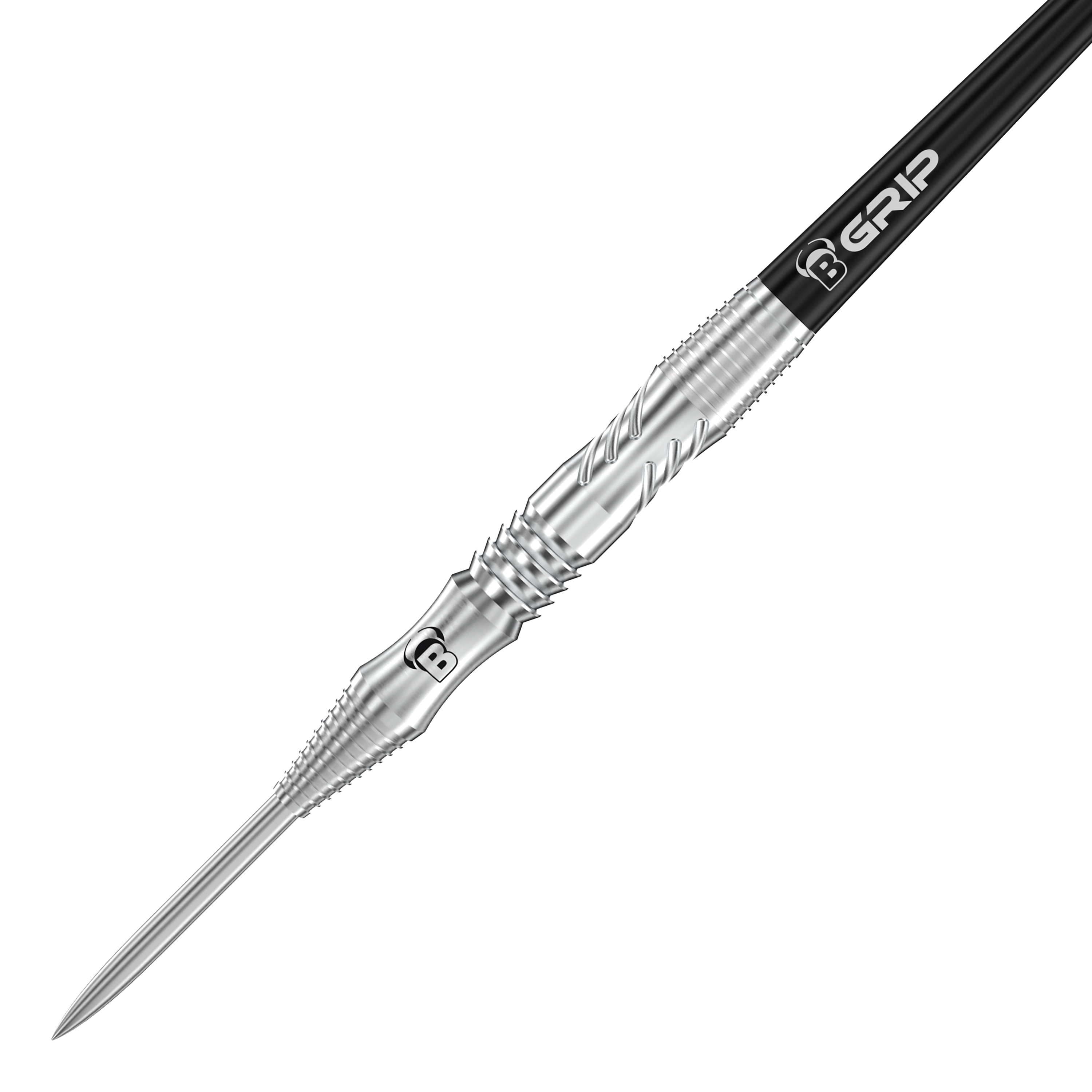 Das Bild zeigt einen Bull’s Tac T1 Steeldart mit silberner Spitze und strukturiertem Griff. Auf dem Dart steht das Logo "B GRIP" auf einem schwarzen Schaft.