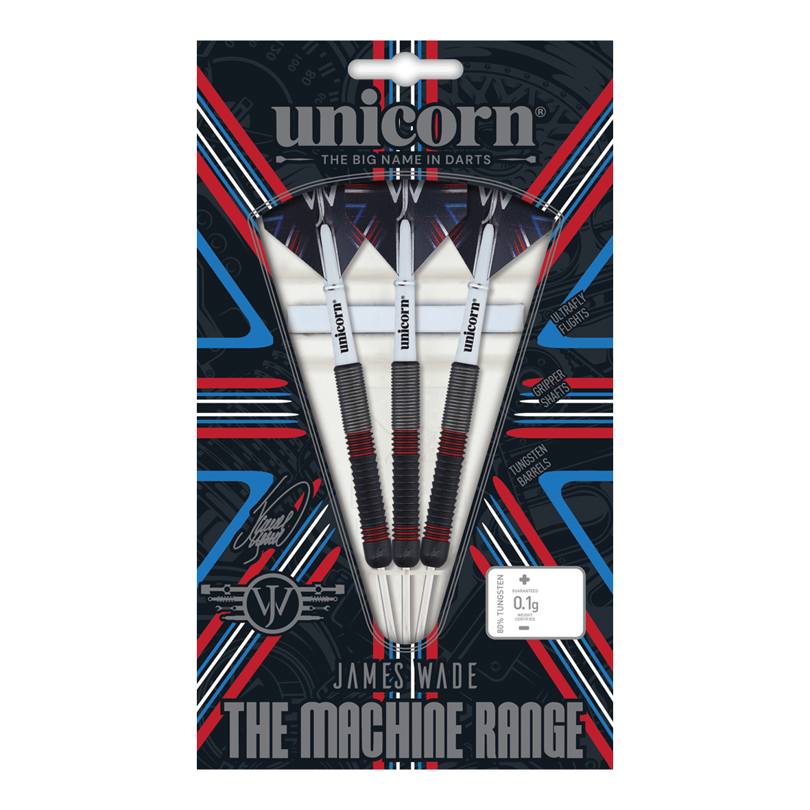 Unicorn The Machine James Wade 80% Steeldarts Das Bild zeigt eine Verpackung mit drei Steeldarts der Marke Unicorn, Modell "The Machine James Wade 80%". Die Darts haben einen schwarzen und roten Griffbereich und sind prominent in einer auffälligen Verpackung präsentiert.