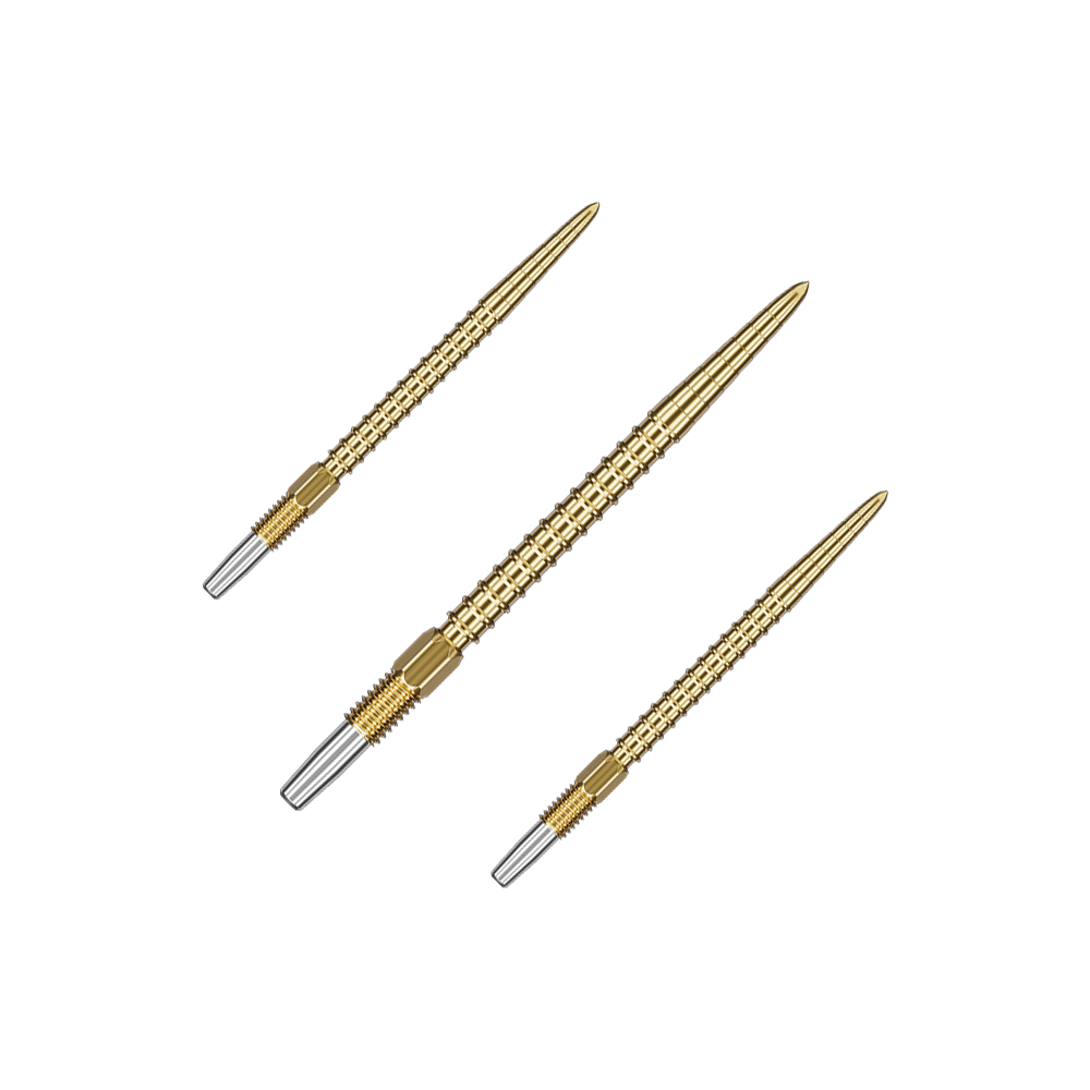 Target Swiss Point Chrono Dartspitzen - Gold Das Bild zeigt drei goldfarbene Dartspitzen mit silbernem Gewinde am hinteren Ende. Sie sind gleichmäßig angeordnet und haben ein schlankes, spitzes Design.