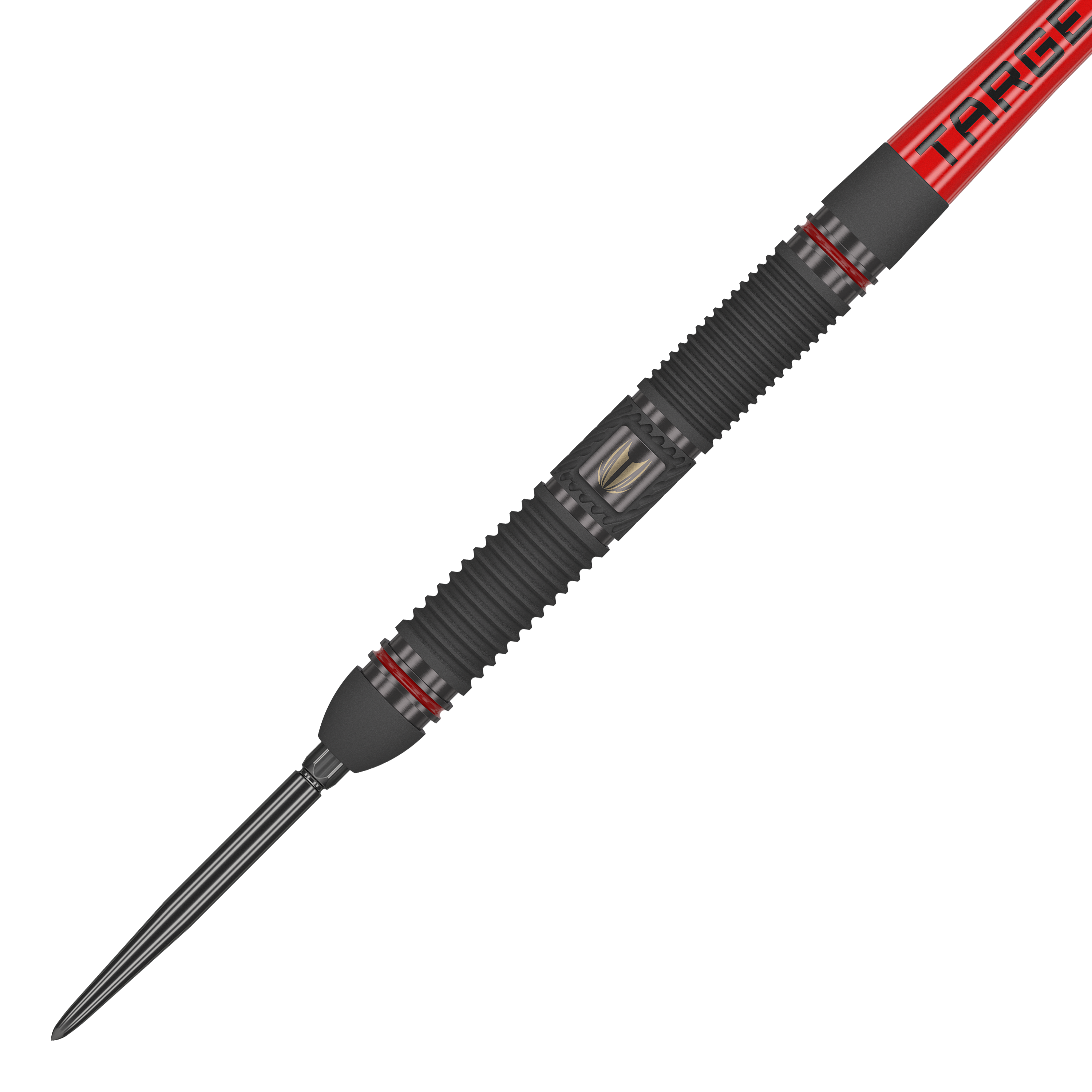 Target Scope 01 Swiss Point Steeldarts Das Bild zeigt einen Steeldart namens "Target Scope 01 Swiss Point". Der Dart hat ein schwarzes, geriffeltes Griffstück mit roten Akzenten und einer silbernen Spitze.