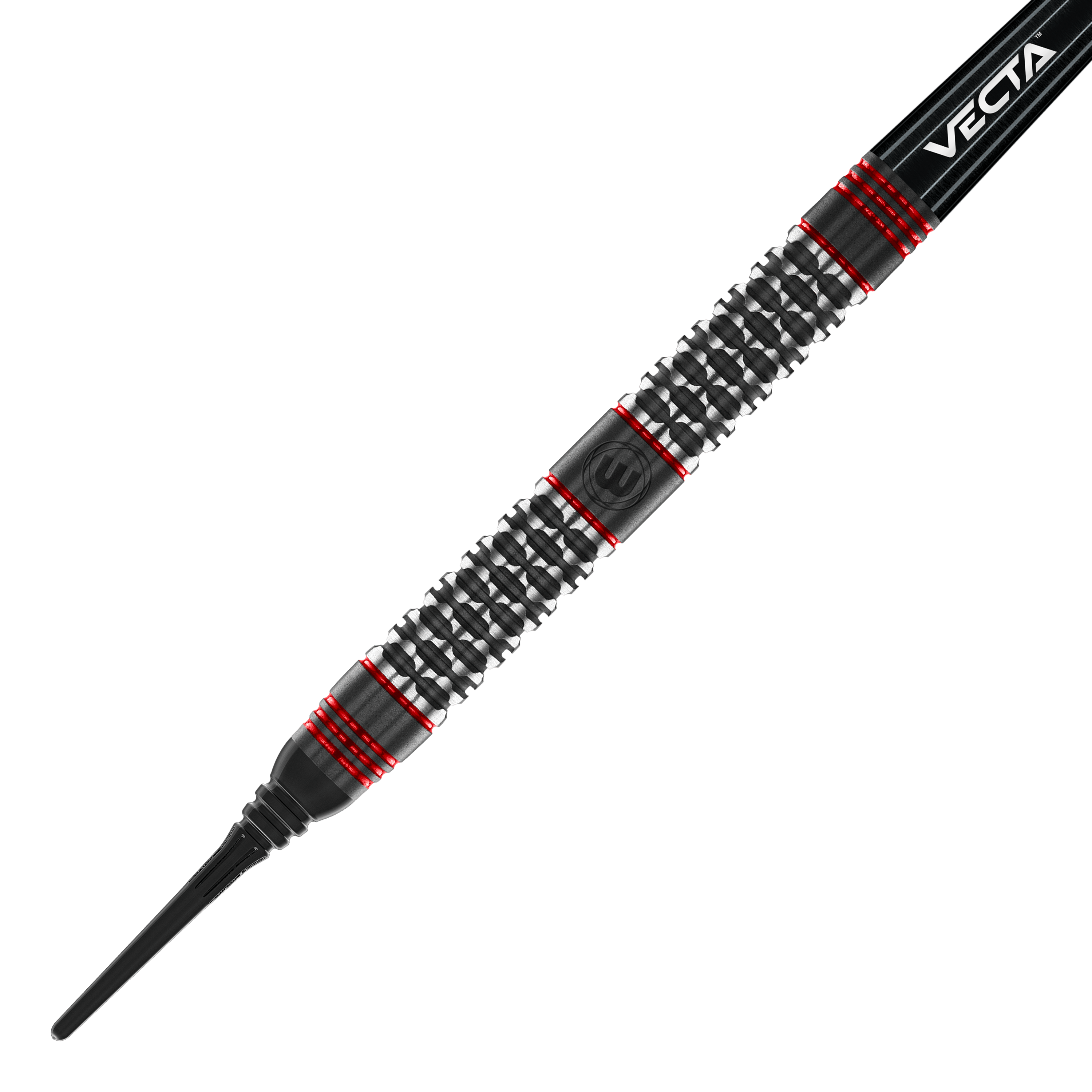 Winmau Cypher Softdarts - 20g Das Bild zeigt einen Winmau Cypher Softdart mit einem Gewicht von 20g. Der Dart hat ein schwarzes und silbernes Design mit roten Akzenten und einer strukturierten Griffzone.