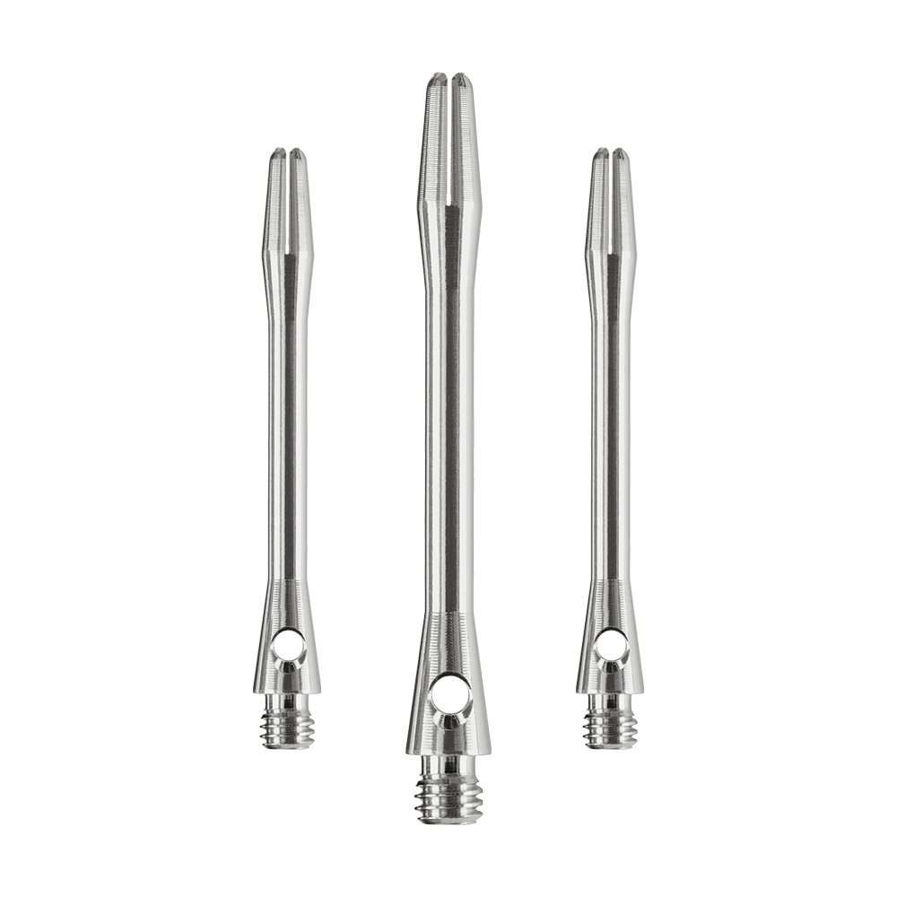 HR371_Harrows_Keramic_Shafts_Gun_Metal_47mm_1 Das Bild zeigt drei glänzende Harrows Keramic Shafts in der Farbe Gun Metal. Sie sind in unterschiedlicher Länge angeordnet und haben ein modernes, metallisches Design.
