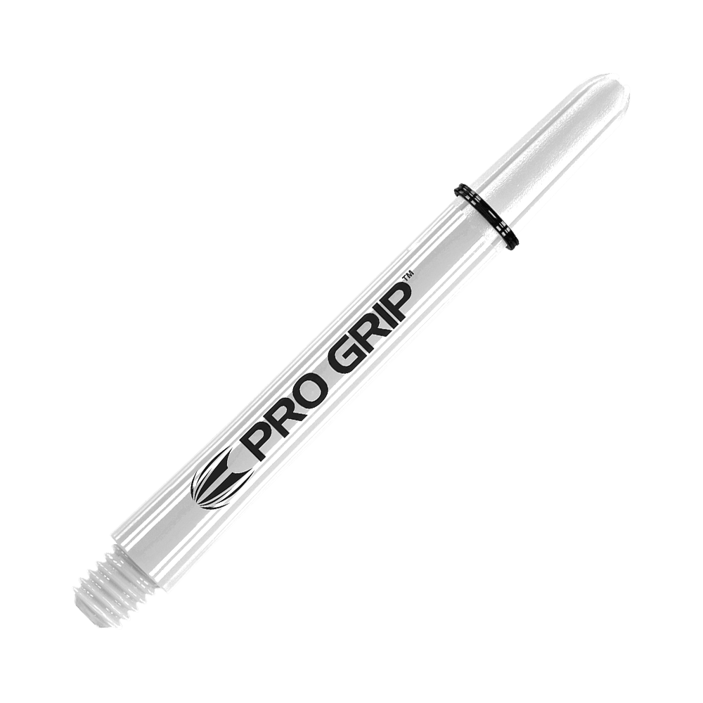 Das Bild zeigt einen weißen Dart-Schaft mit der Aufschrift "PRO GRIP". Der Schaft ist glatt und hat einen schwarzen Ring nahe dem oberen Ende.