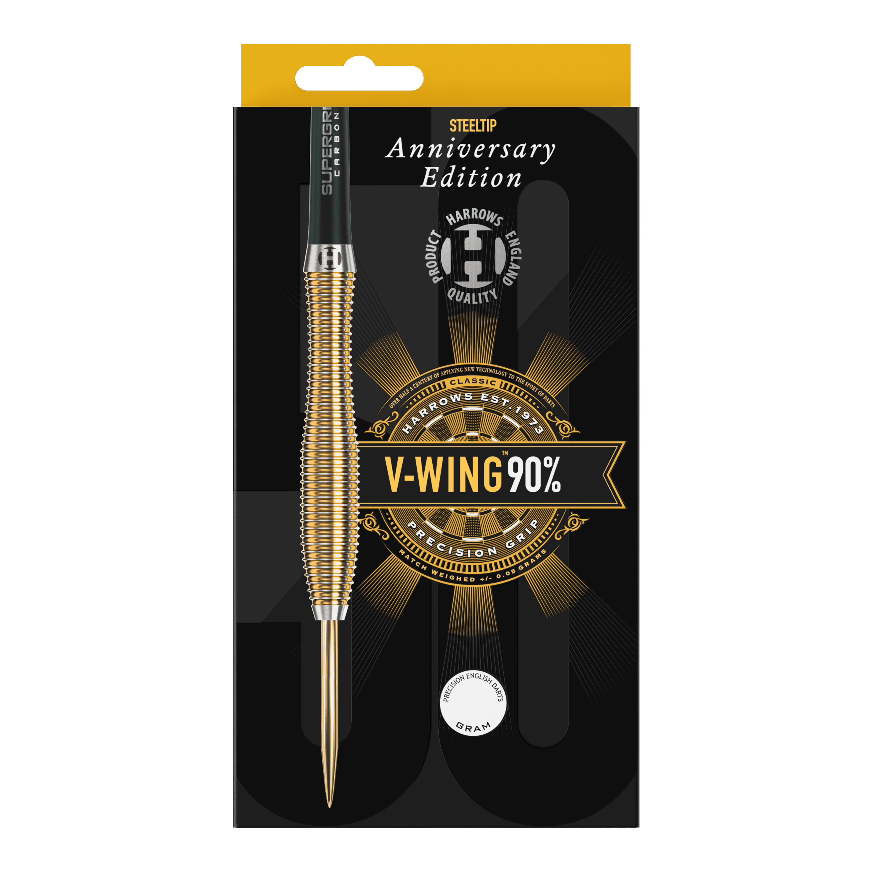 Dies ist eine Verpackung für Steeldarts der Marke Harrows, Anniversary Edition. Auf der Packung steht "V-WING 90%" und "Precision Grip".