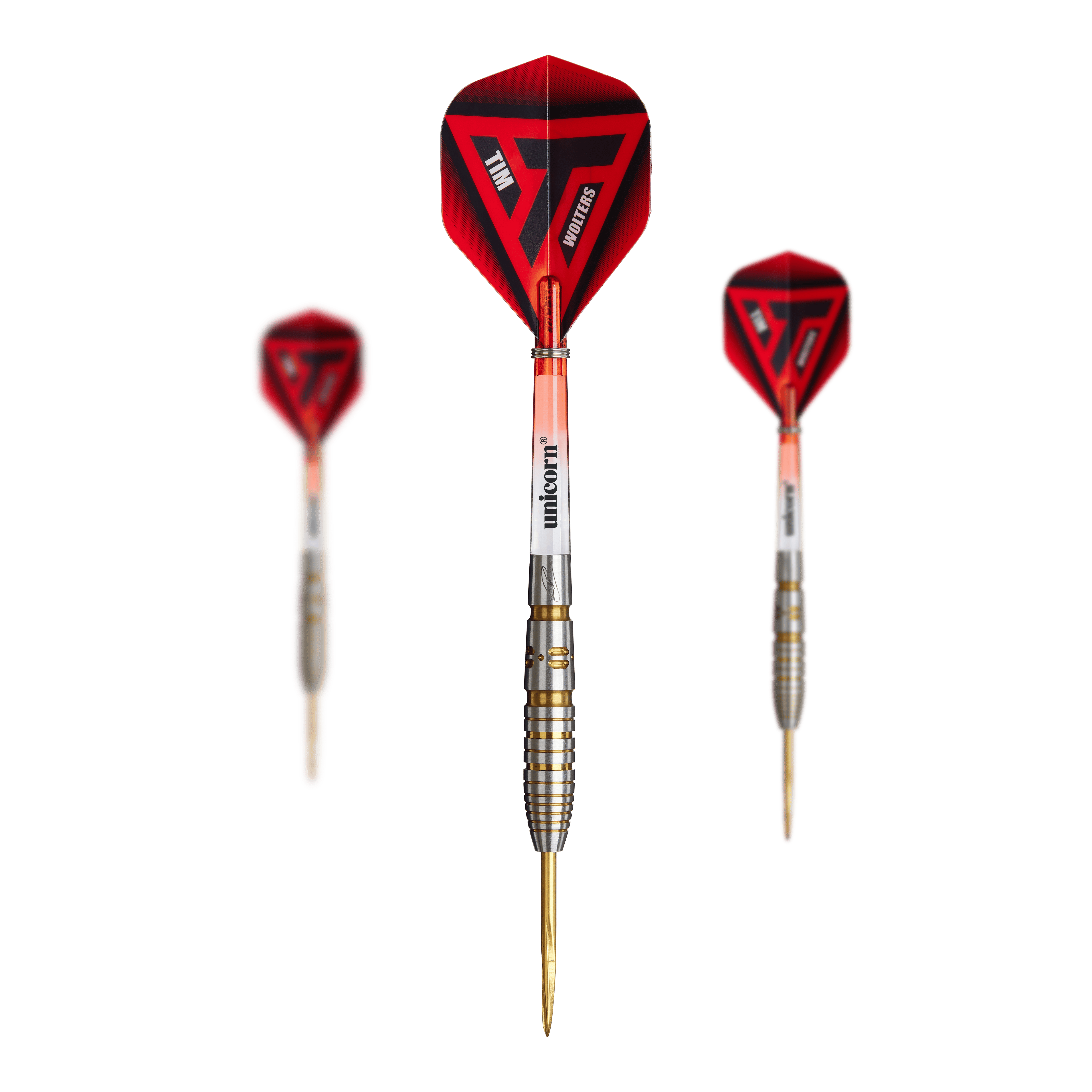 Das Bild zeigt drei Steeldarts der Marke „Unicorn Contender Tim Wolters“ mit einem Gewicht von 24g. Die Darts haben rote Flights und silberne, gerillte Barrels.