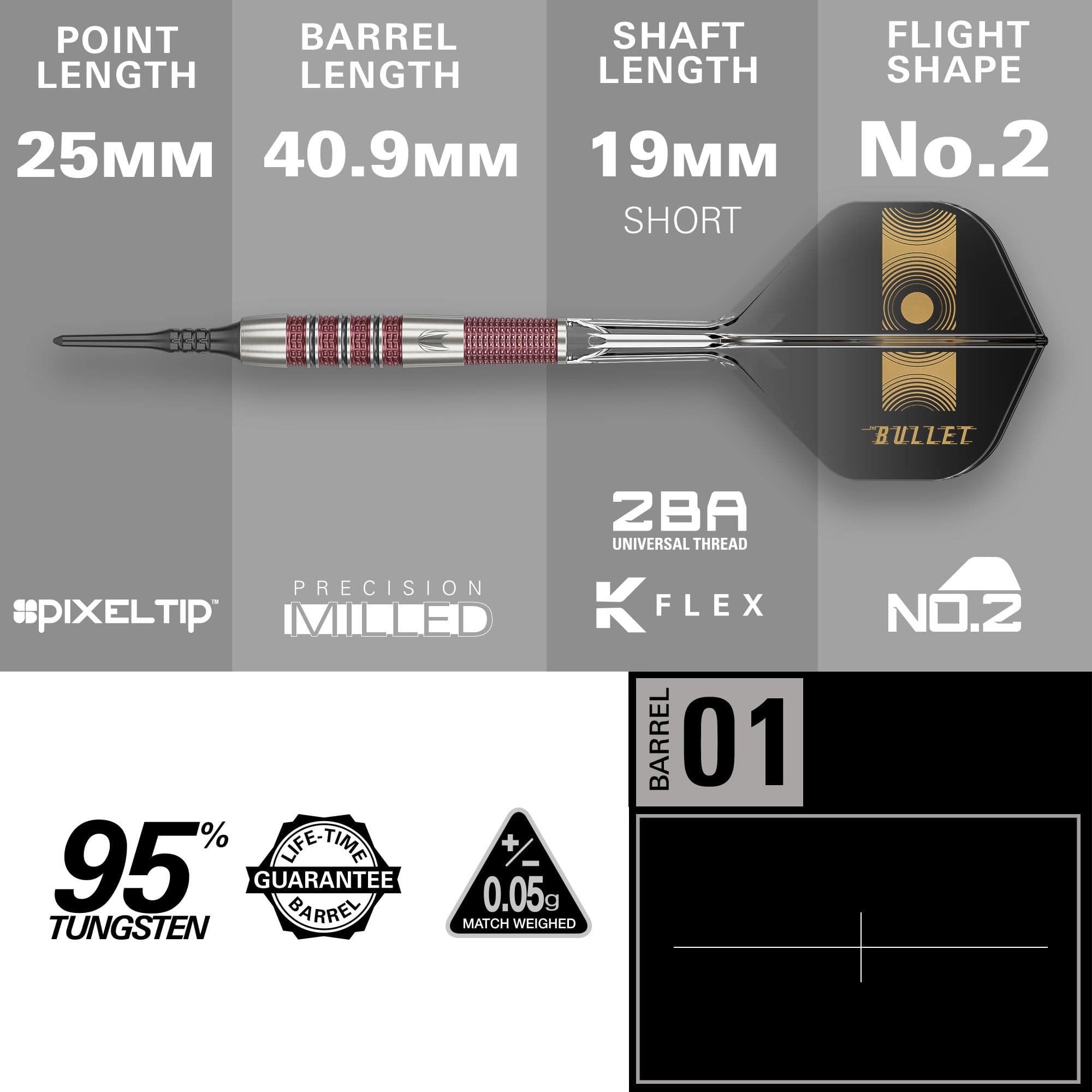 Target Stephen Bunting 95K Softdarts - 19g Das Bild zeigt die Softdarts "Target Stephen Bunting 95K" mit einem Gewicht von 19g. Die wichtigsten Maße sind 25 mm Spitzenlänge, 40,9 mm Barrel-Länge und 19 mm Schaftlänge.