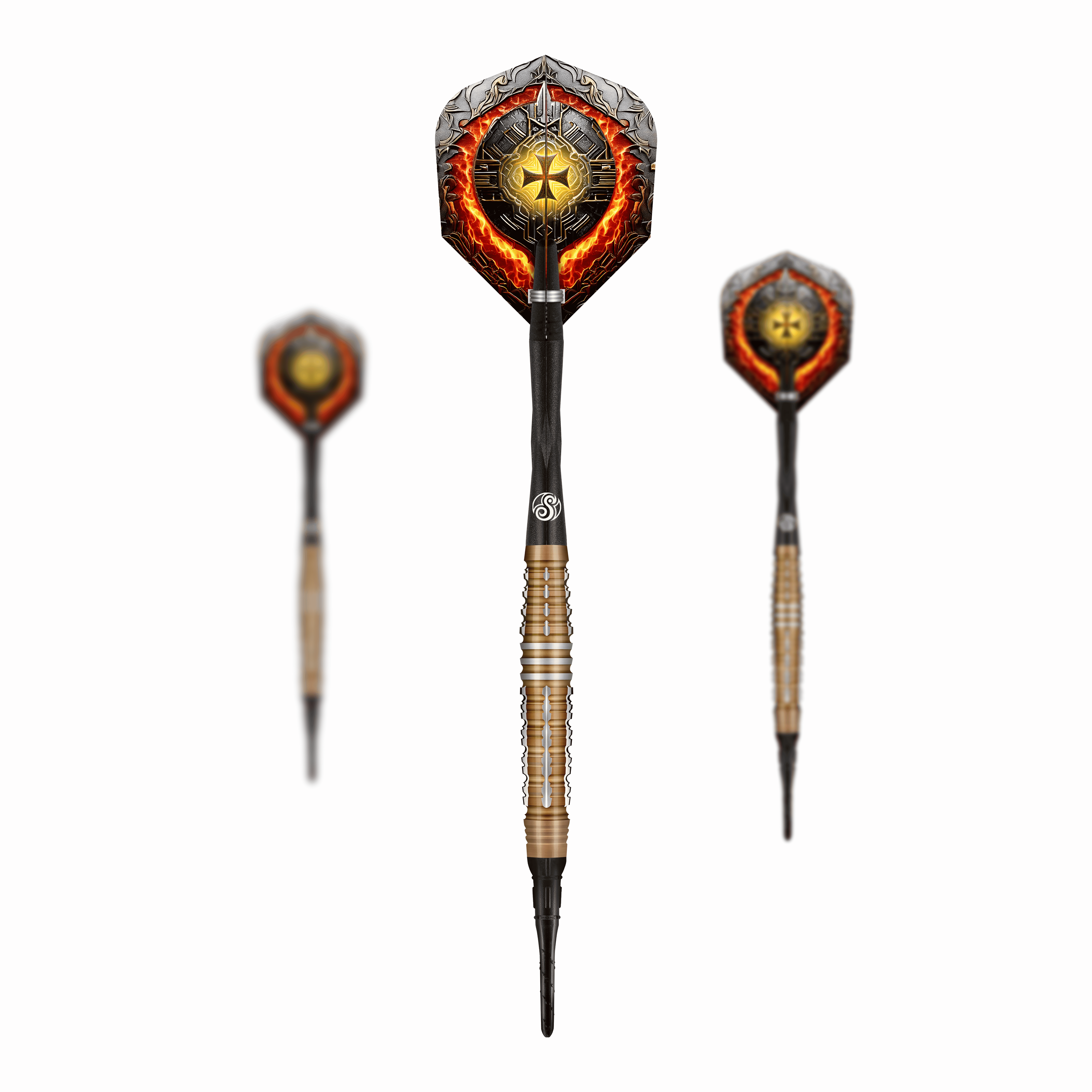 Das Bild zeigt drei Softdarts des Produkts "Shot Future Knights Hachette Softdarts - 20g". Die Darts haben ein auffälliges Design mit einem leuchtenden Symbol auf den Flights und einem gold-schwarzen, geriffelten Barrel.