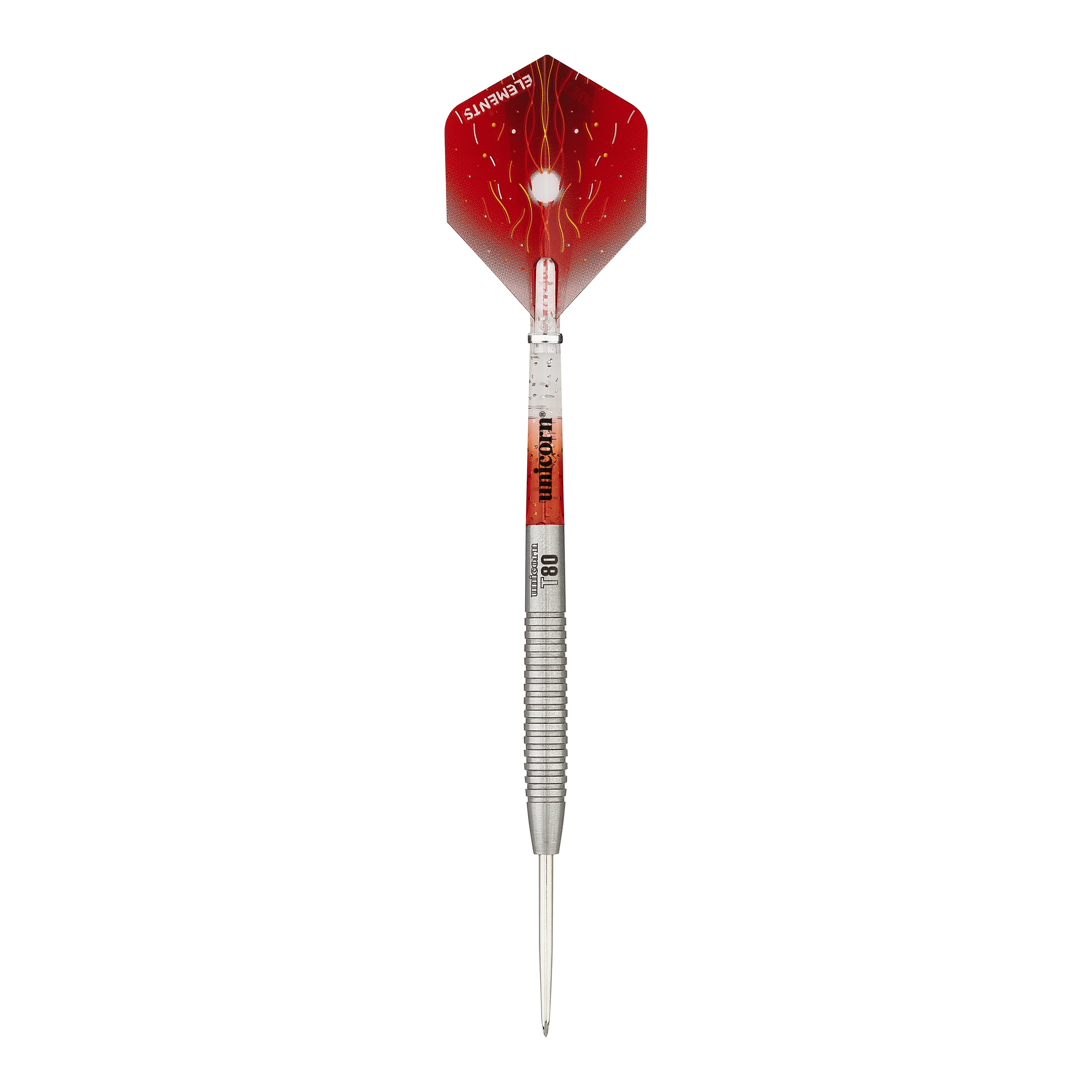 Das Bild zeigt einen Unicorn Core XL Striker Style 2 Steeldart mit einem Gewicht von 23g. Der Dartpfeil hat ein silbernes Barrel und eine rot gestaltete Flügelspitze.
