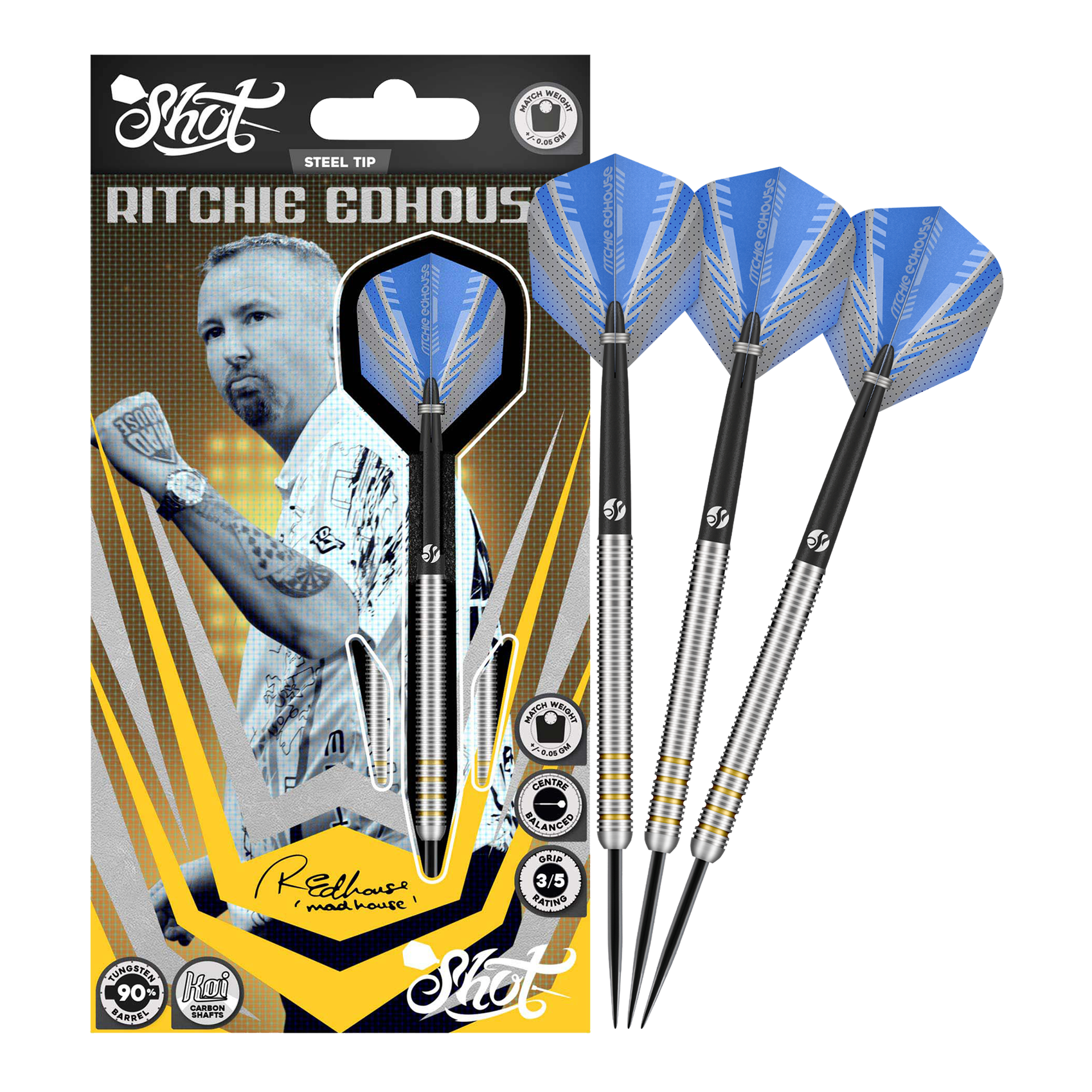 Abgebildet sind die Shot Ritchie Edhouse Core Steeldarts in voller Ansicht. Sie überzeugen durch ihr hochwertiges Design.
