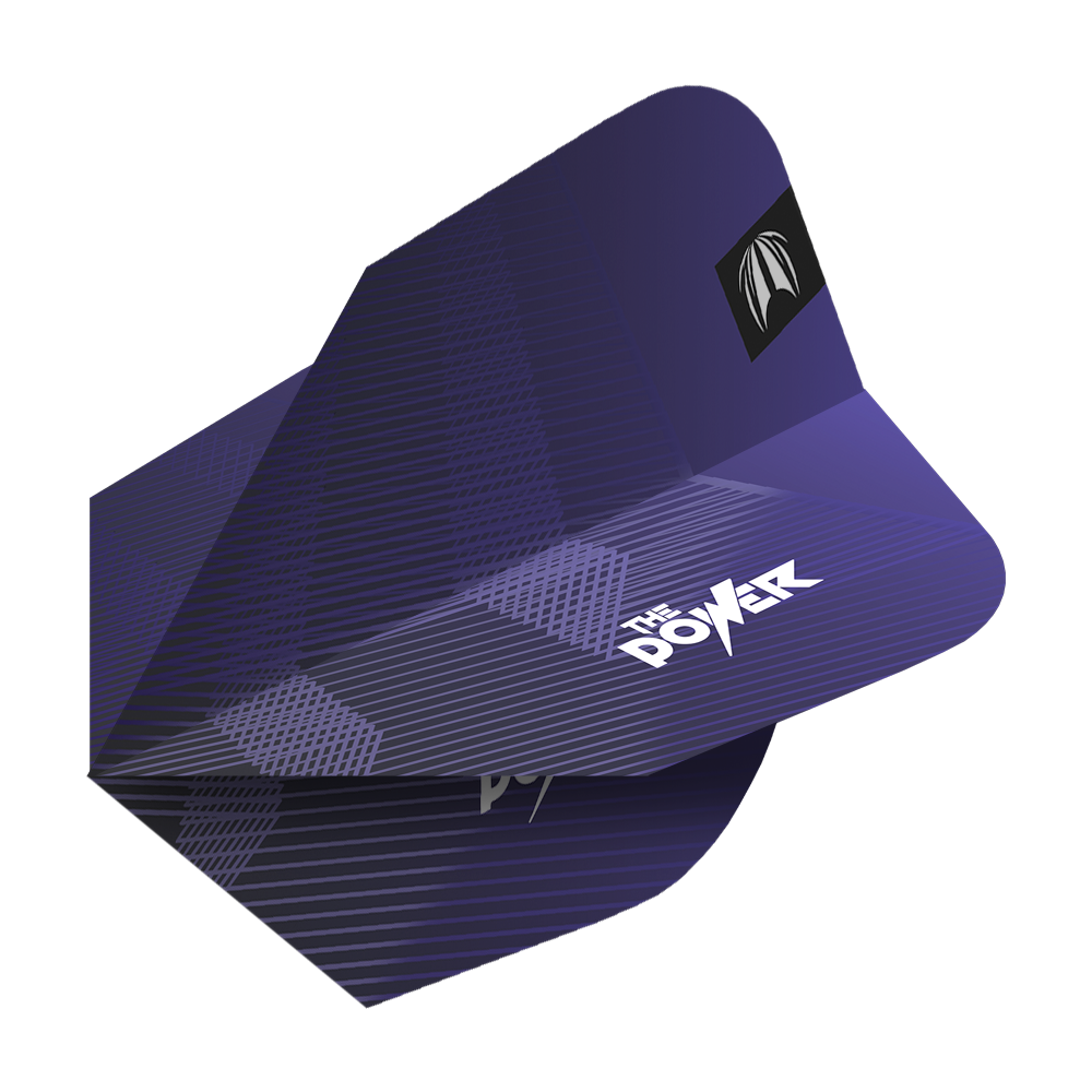 Target Pro Ultra Phil Taylor Power GEN10 Ten-X Flights - 3 Sets Das Bild zeigt ein Set von lila Dart-Flights mit dem Aufdruck "The Power". Es handelt sich um die Target Pro Ultra Phil Taylor Power GEN10 Ten-X Flights.