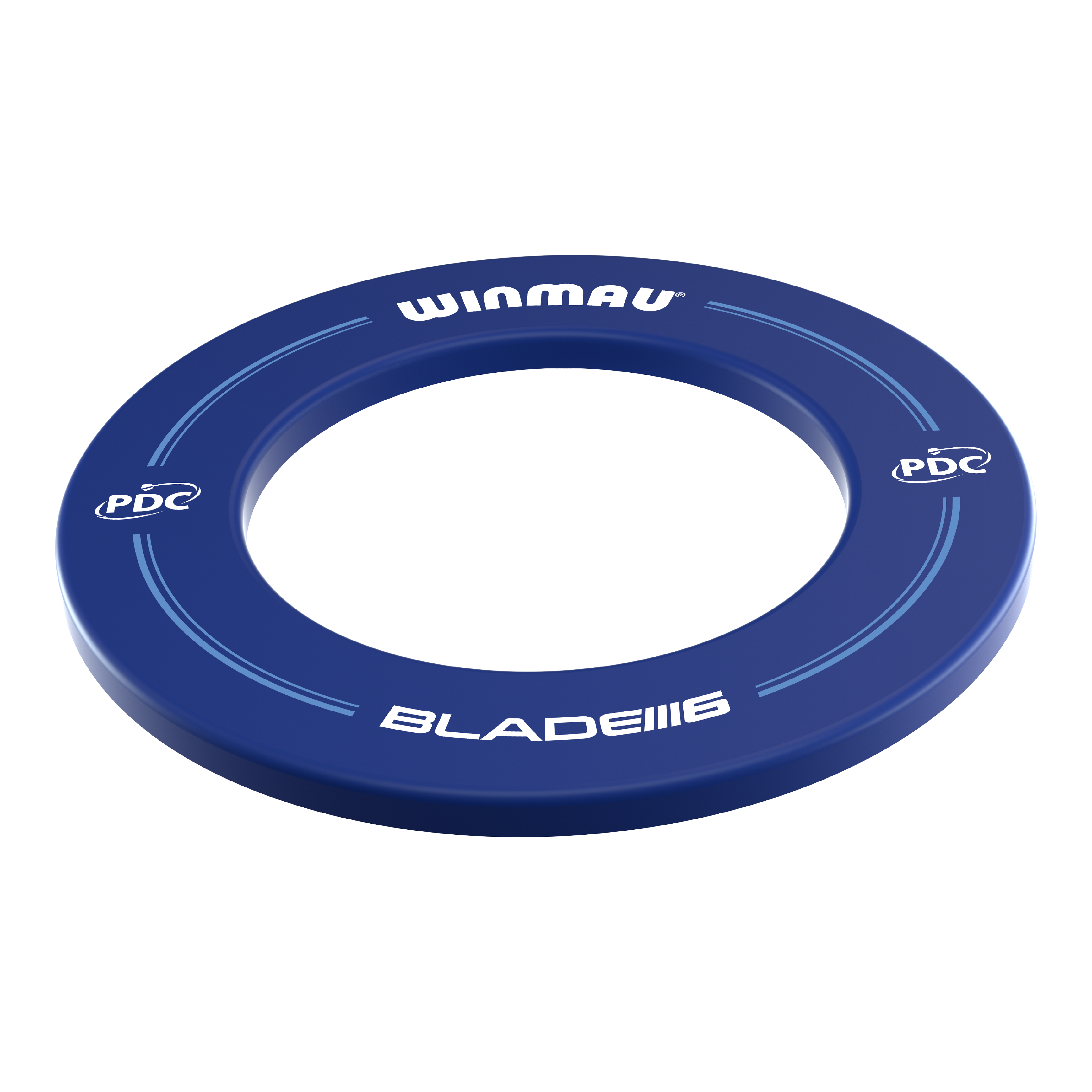 Winmau PDC Dartboard Surround - Blau Das Bild zeigt ein blaues Dartboard-Surround der Marke Winmau mit der Aufschrift "BLADE 6" und "PDC". Es ist rund und dient zum Schutz der Wand rund um eine Dartscheibe.