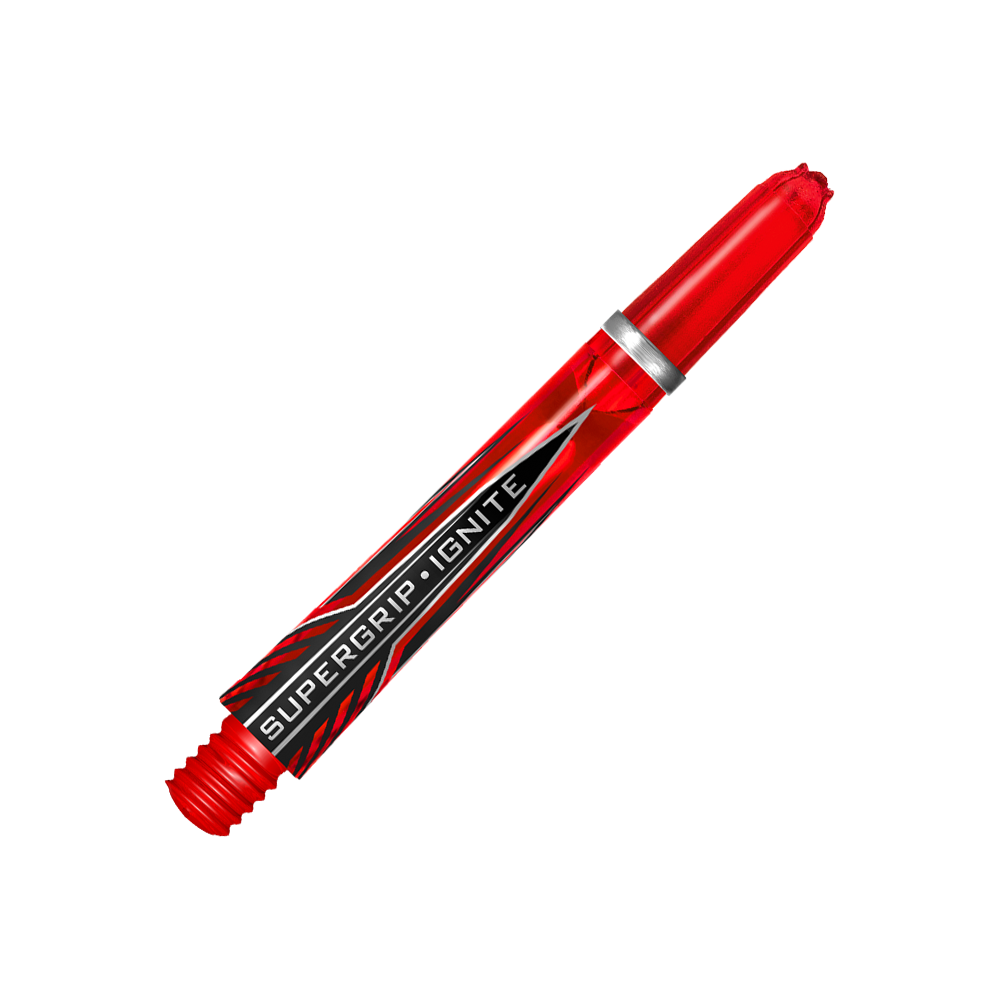 HR384_Harrows_Supergrip_Ignite_Shafts_Rot_40mm_2 Das Bild zeigt einen roten Harrows Supergrip Ignite Shaft. Im Hintergrund sind rote und schwarze Streifen zu sehen, die den Shaft hervorheben.