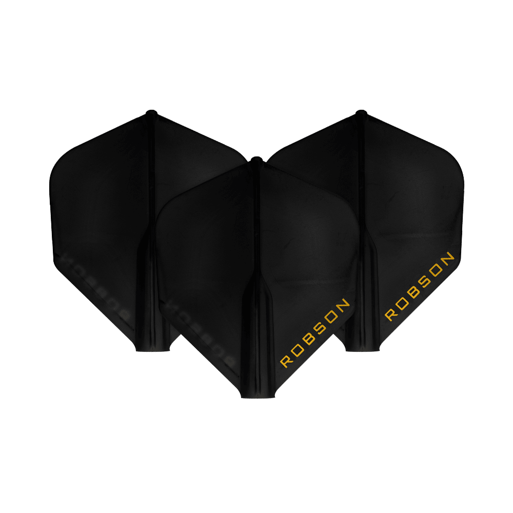 Robson Plus Standard Flights Auf dem Bild sind drei schwarze Dart-Flights zu sehen. Auf jedem Flight steht das Wort "ROBSON" in gelber Schrift.