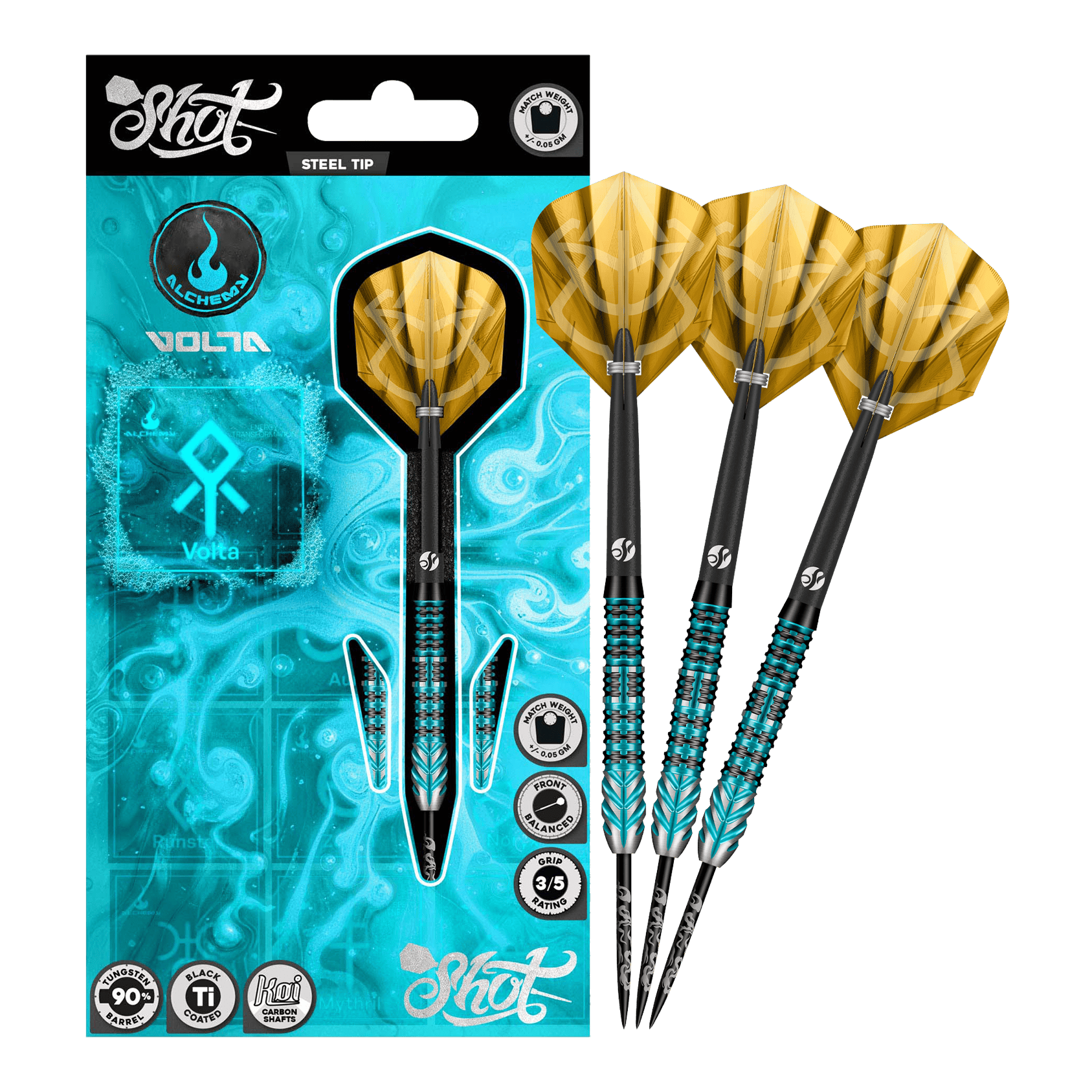 Shot Alchemy Volta Steeldarts Das Bild stellt die Shot Alchemy Volta Steeldarts dar. Die Steeldarts sind hochwertig verarbeitet.
