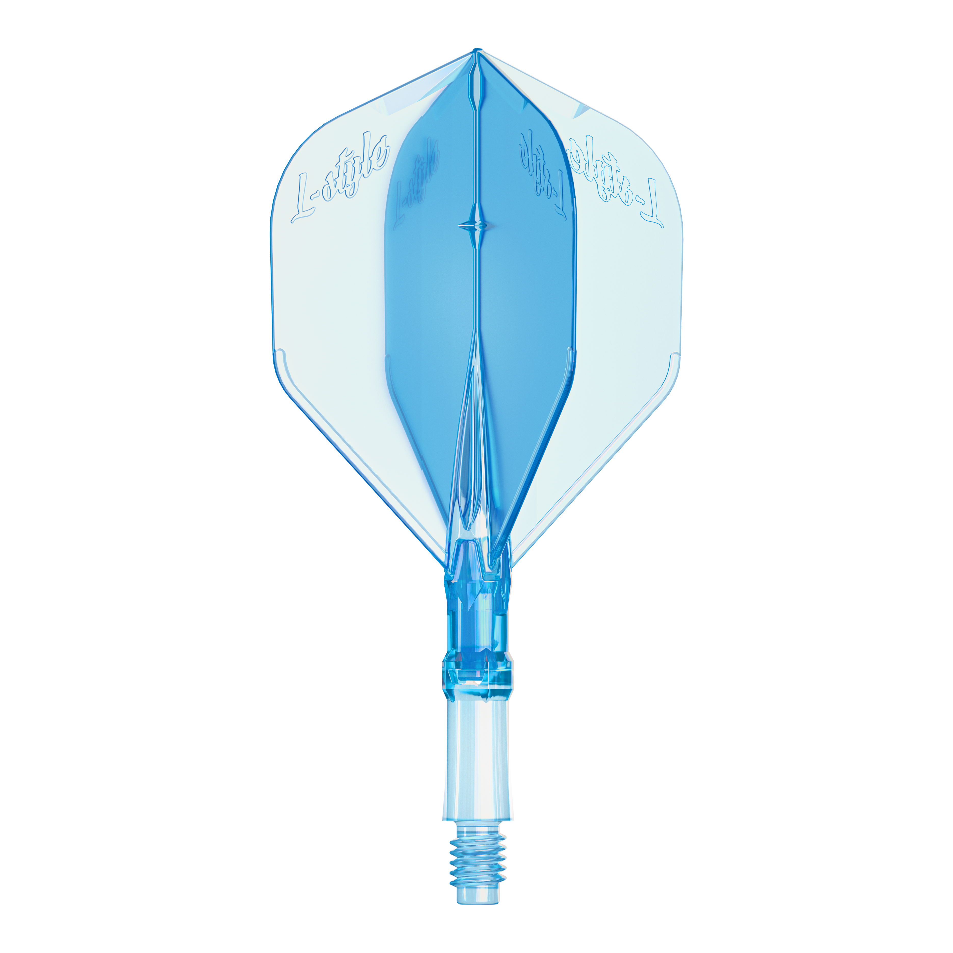 Abgebildet ist ein L-Style L-System Flight in klarer blauer Farbe, Größe Small. Es ist ein Ersatz-Flight für Dartpfeile.