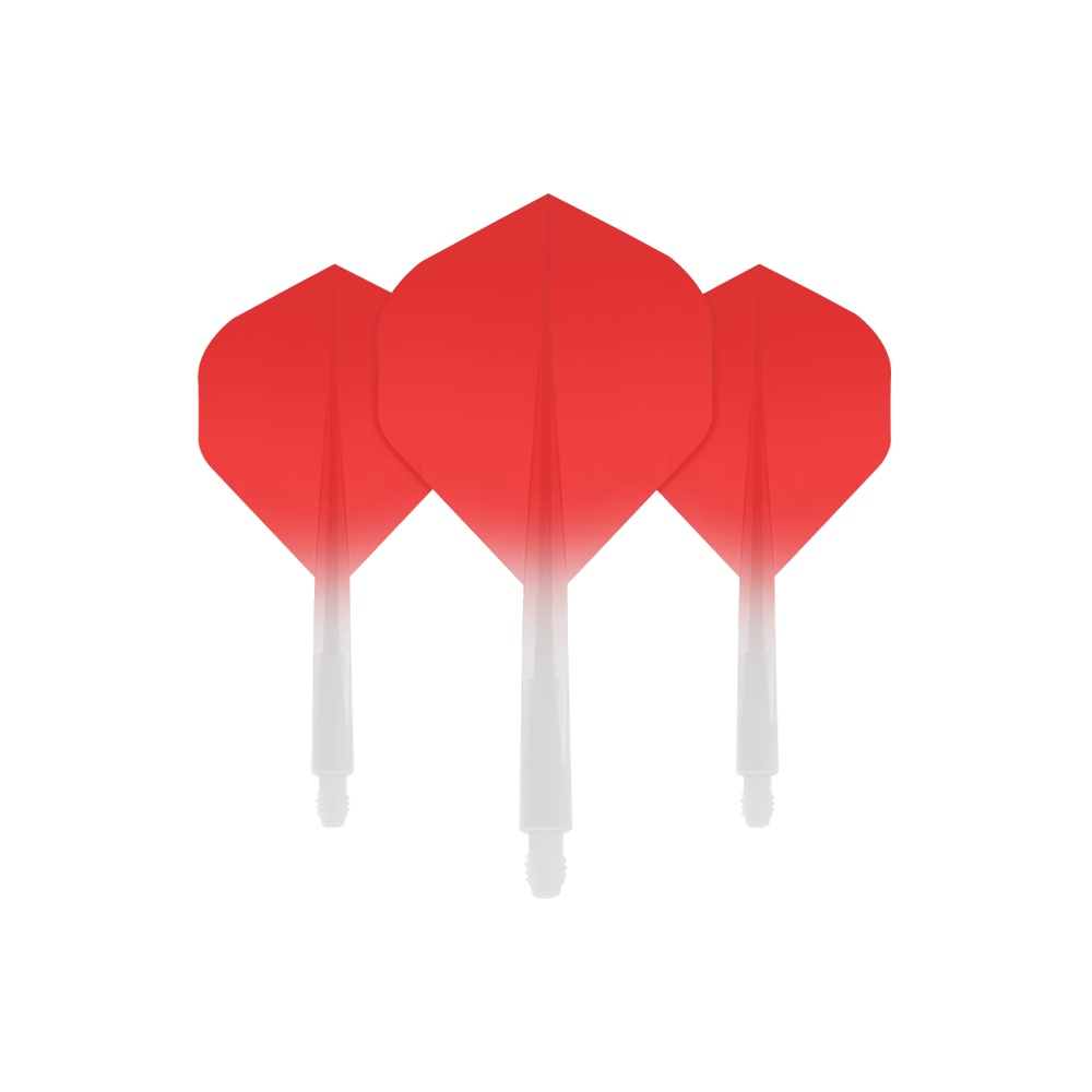 Das Bild zeigt drei rote Dartflights mit integriertem weißen Schaft. Die Farbe verläuft von kräftigem Rot oben zu Weiß unten.