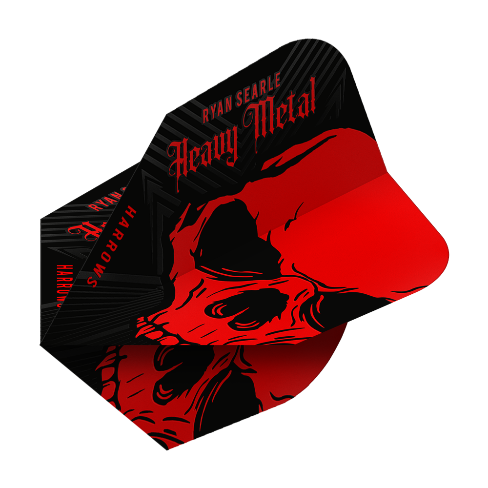 Harrows Ryan Searle Heavy Metal No6 Flights Das Bild zeigt das Produkt "Harrows Ryan Searle Heavy Metal No6 Flights". Die Flights sind schwarz und rot gestaltet und zeigen einen auffälligen Totenkopf mit dem Schriftzug "Heavy Metal".