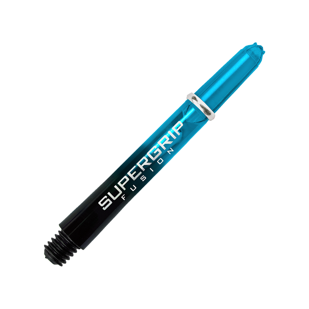 Das Bild zeigt einen Harrows Supergrip Fusion Shafts in der Farbe Aqua. Der Hintergrund besteht aus verschiedenen blauen und grauen Streifen, die farblich zum Produkt passen.