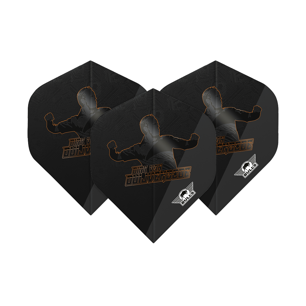 Das Bild zeigt drei schwarze Dart Flights mit dem Aufdruck "Dirk Van Duijvenbode" und einer Silhouette. In der Ecke ist das weiße Bulls NL-Logo zu sehen.