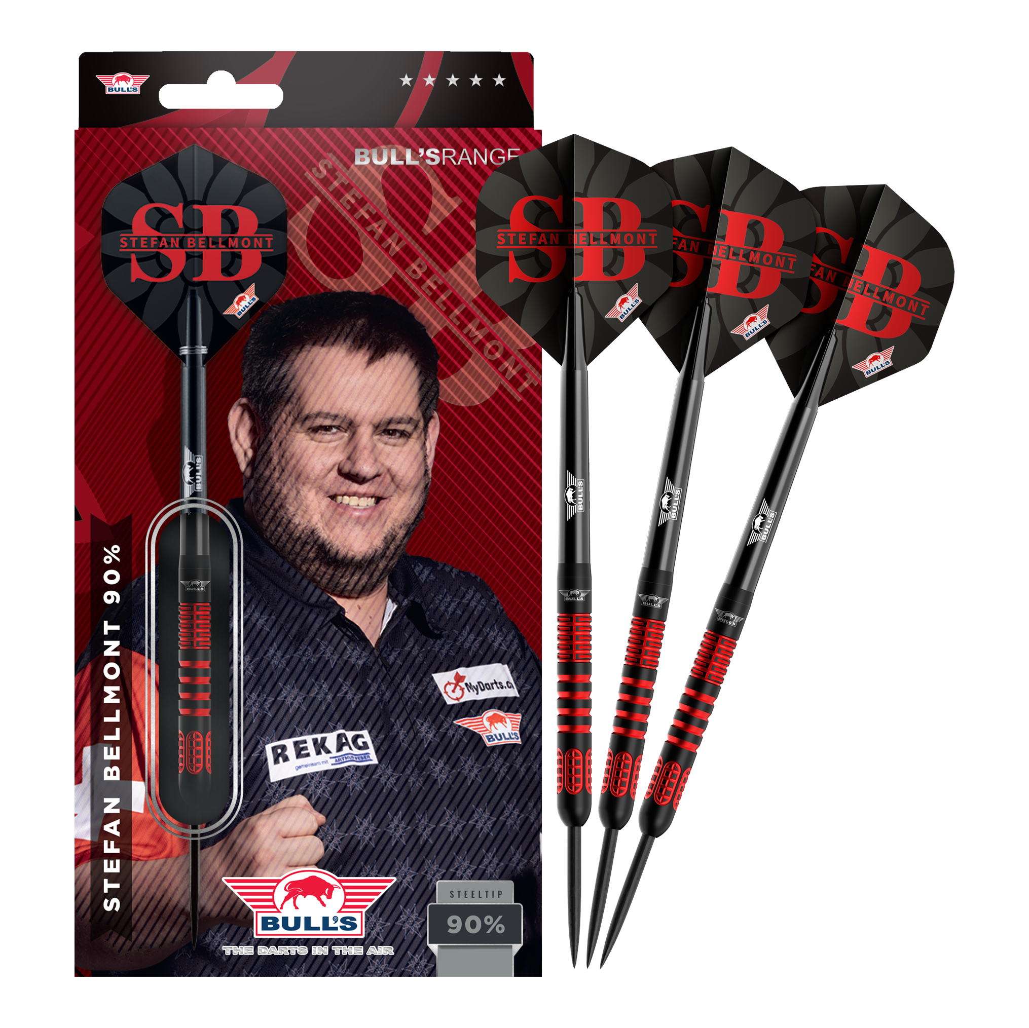 Bulls NL Stefan Bellmont 90 Steeldarts - 23g Das Bild zeigt die vollständigen Bulls NL Stefan Bellmont 90 Steeldarts 23g. Die Darts sind in einem Set abgebildet und überzeugen durch ihre Verarbeitung.
