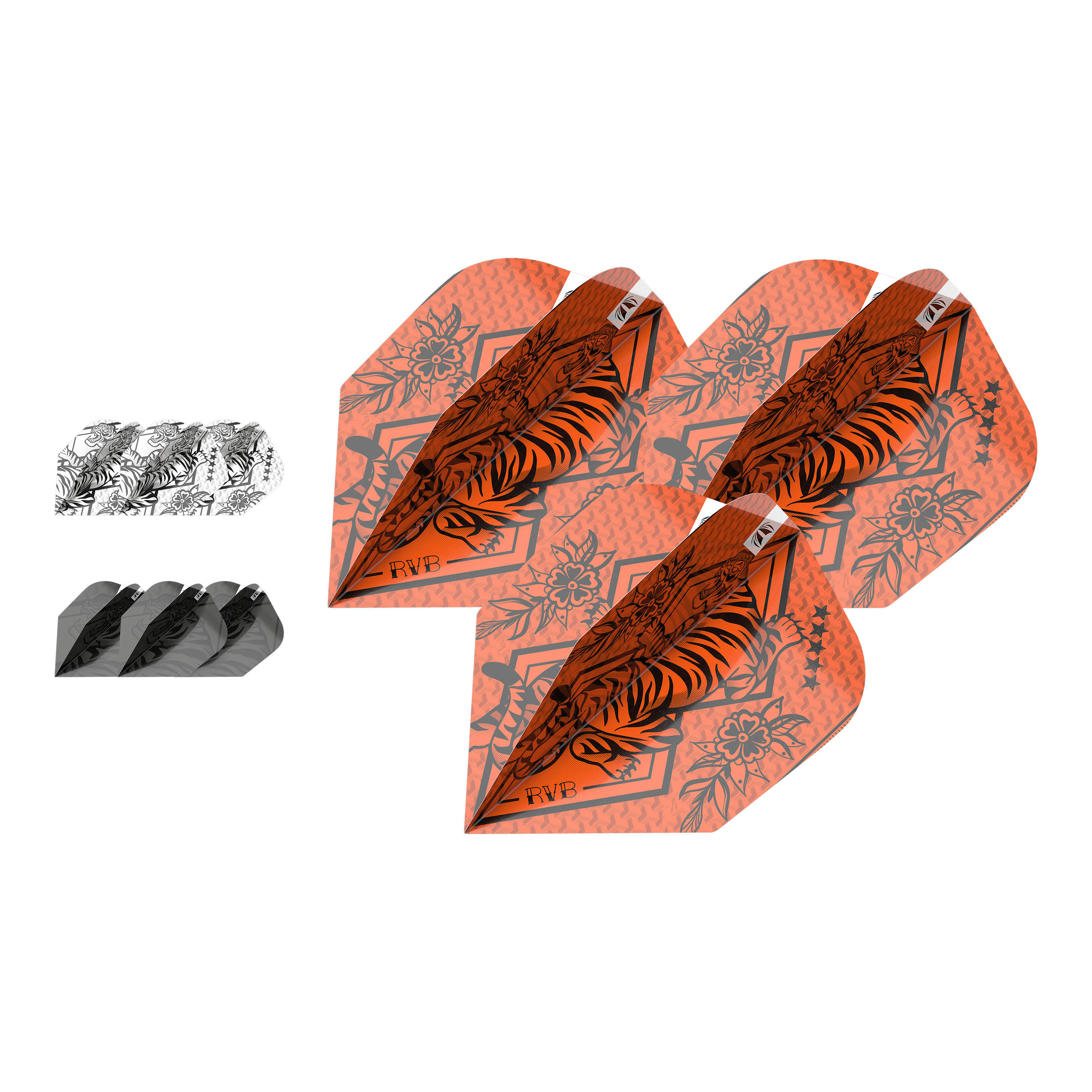 Das Bild zeigt drei verschiedene Sets von Dart-Flights in auffälligen Farben und Mustern. Im Vordergrund sind orangefarbene Flights mit einem Tiger-Design und den Initialen "RVB" zu sehen.