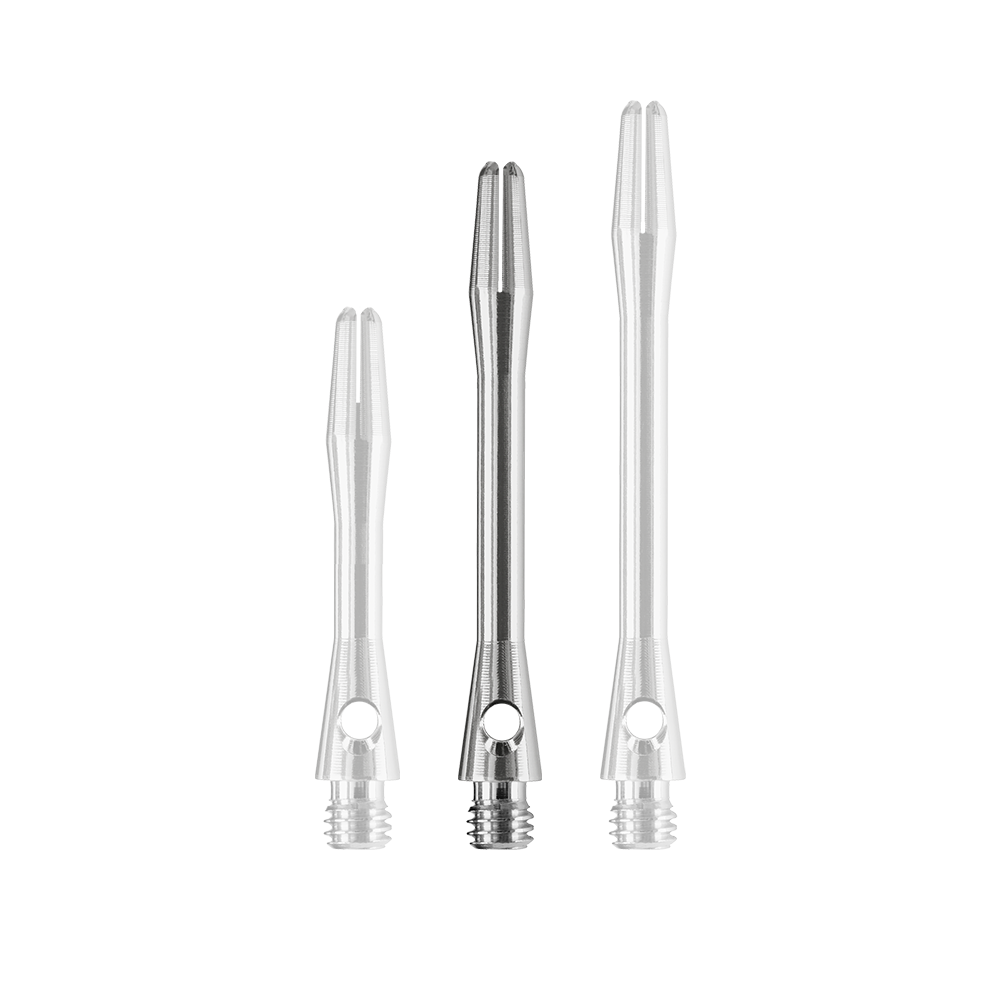 Auf dem Bild sind drei Harrows Keramic Shafts in Gun Metal Farbe zu sehen. Sie unterscheiden sich in der Länge und sind aus Metall gefertigt.