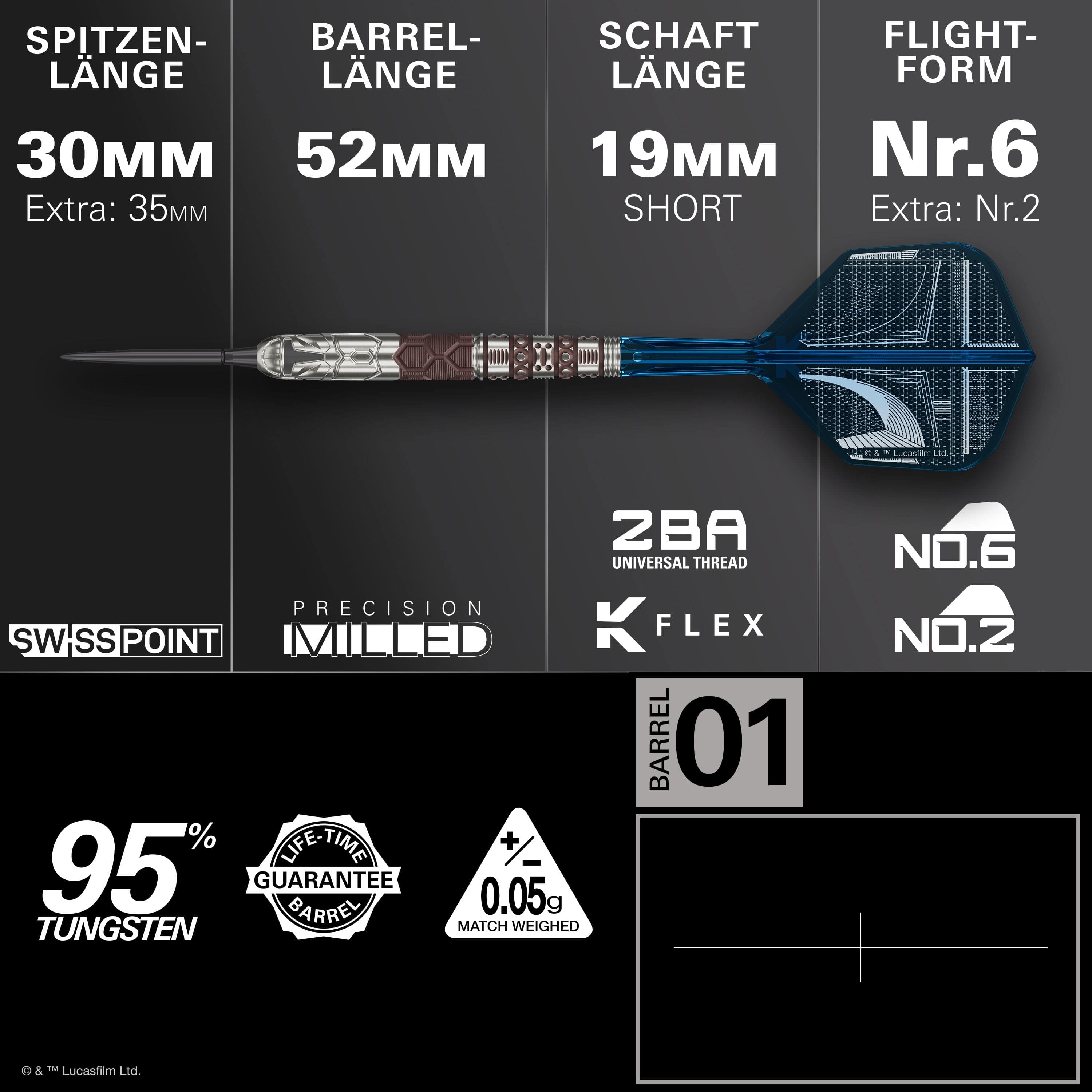 Target Star Wars Mandalorian 95 Swiss Point Steeldarts Zu sehen ist das Produkt Target Star Wars Mandalorian 95 Swiss Point Steeldarts. Die Abbildung hebt das einzigartige Design dieser Dartpfeile hervor.
