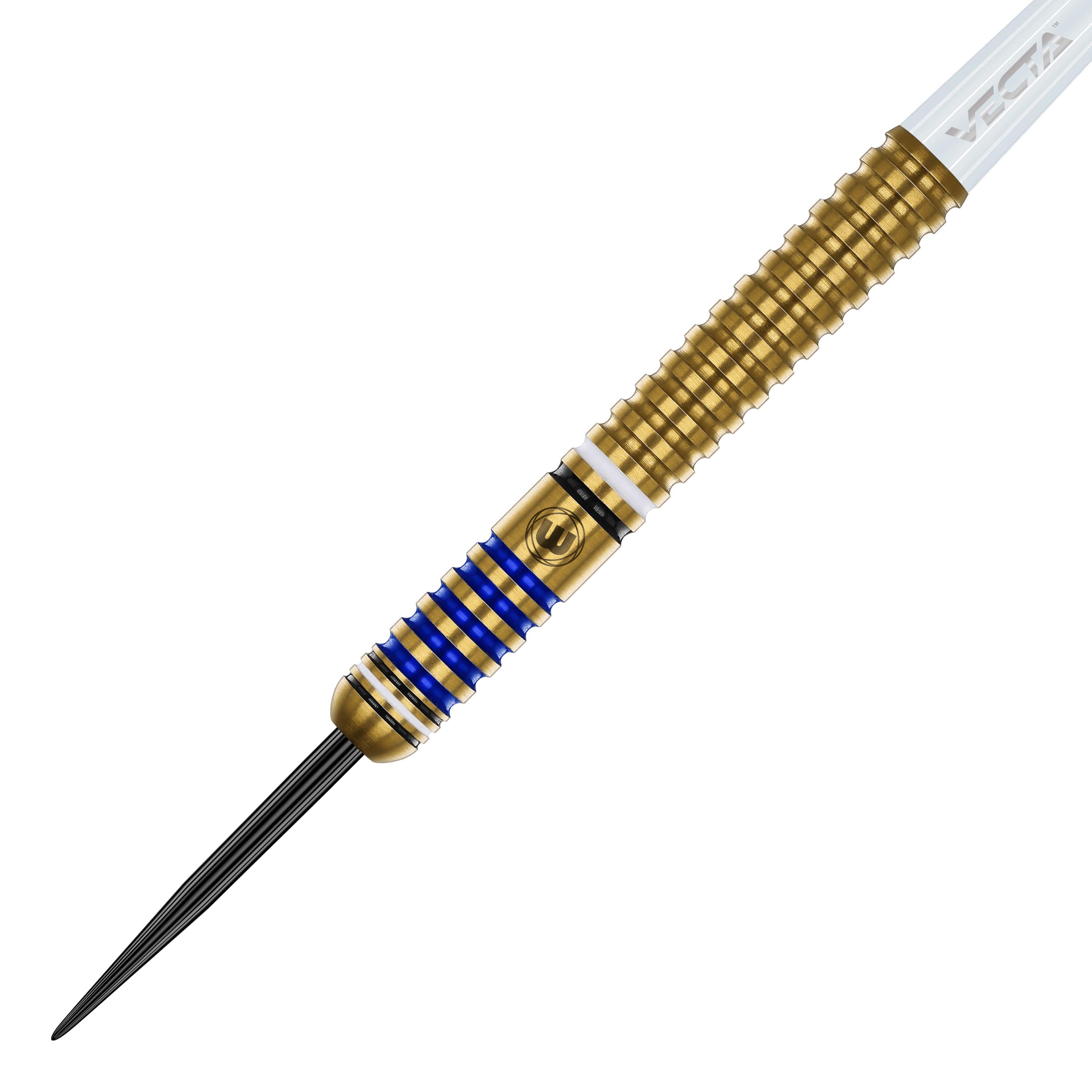 Der Winmau Ryan Branley Steeldart mit 23g Gewicht ist auf dem Bild zu sehen. Er hat ein goldfarbenes Griffstück mit blauen und weißen Ringen und einer schwarzen Spitze.