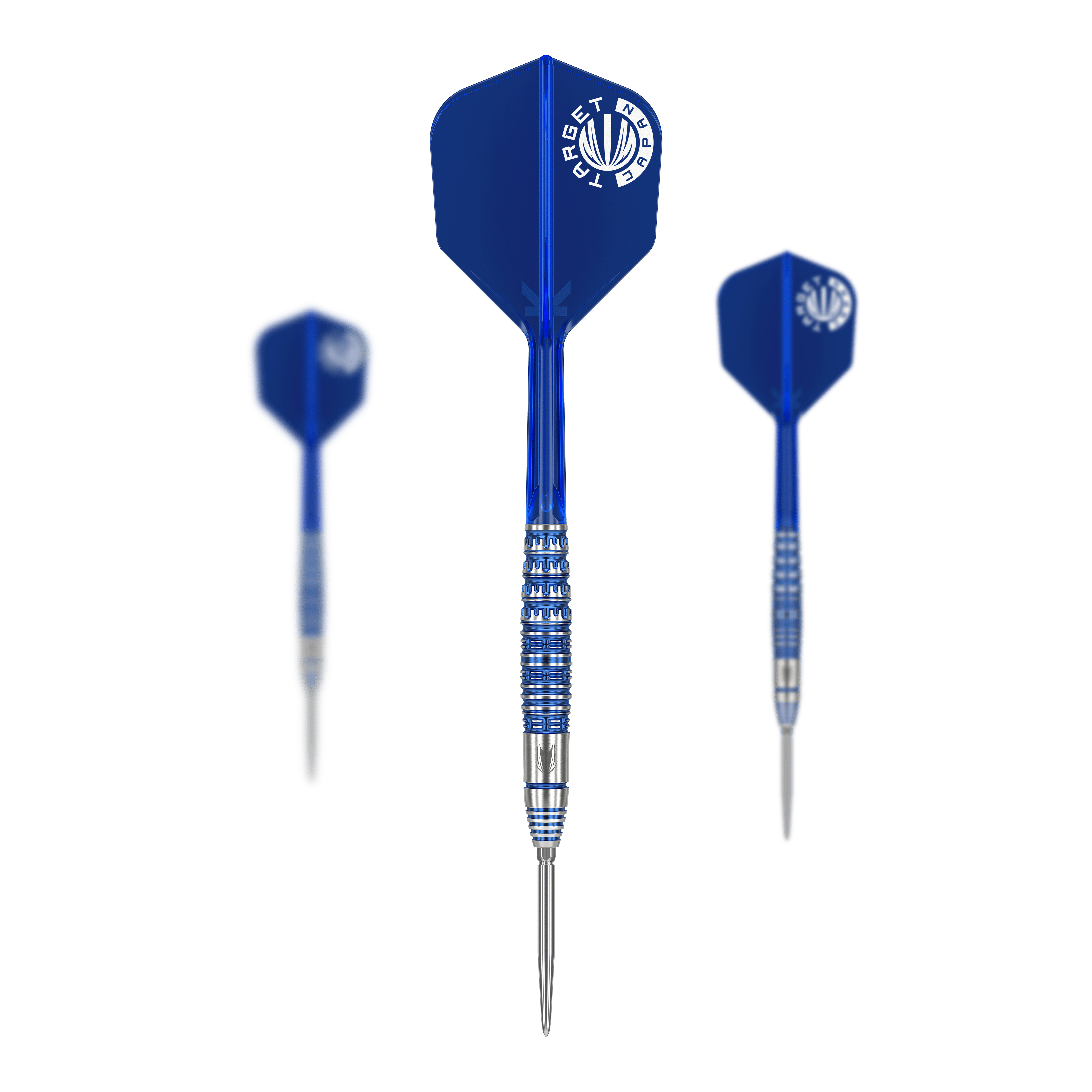 Das Bild zeigt drei Steeldarts mit blauen Flügeln und silber-blauen Schäften. Es handelt sich um das Produkt "Target Japan Toru Suzuki Sereno GEN1 Swiss Point Steeldarts - 21g".