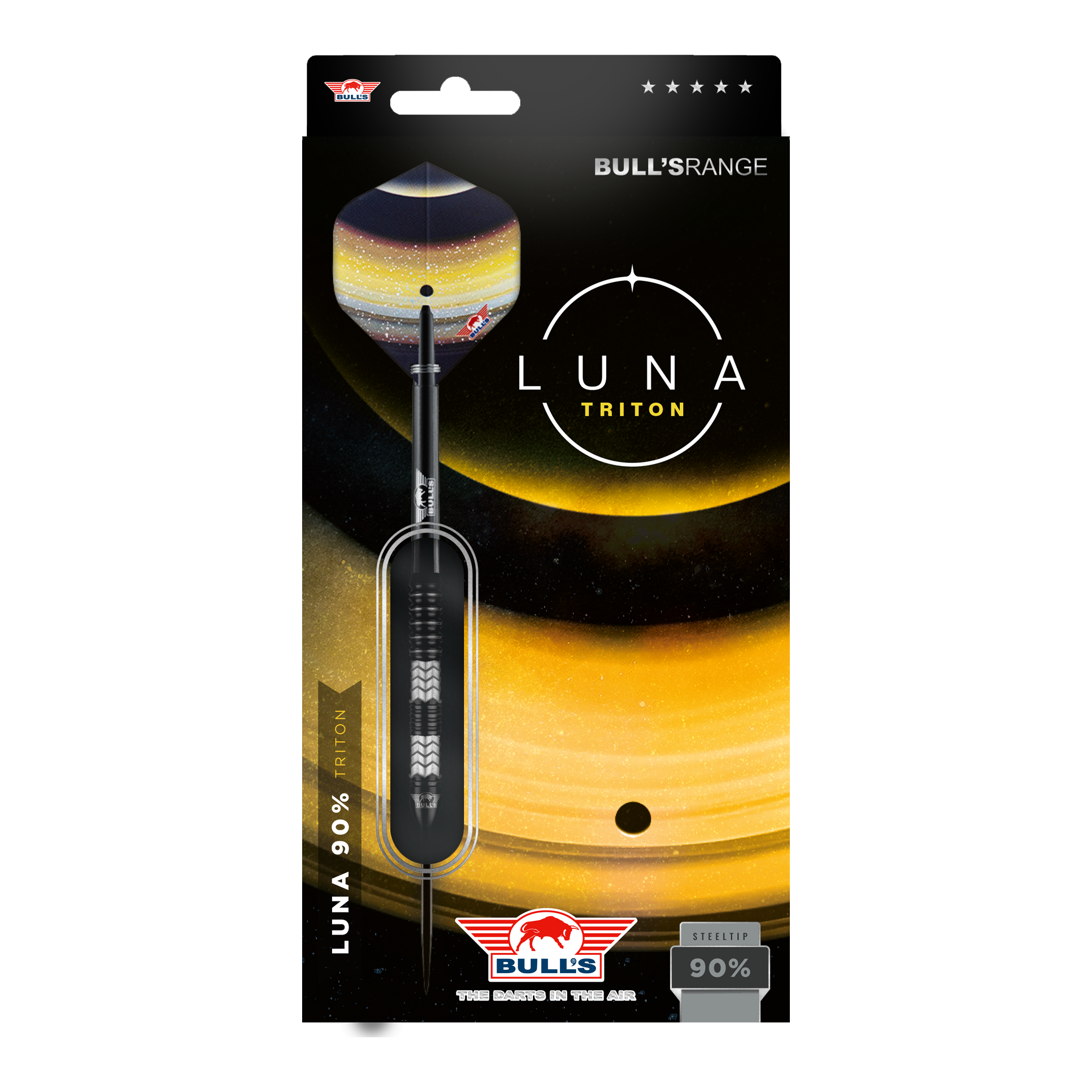 Bulls NL Luna Triton Steeldarts Das Bild zeigt die Verpackung der "Bulls NL Luna Triton Steeldarts". Die Verpackung ist schwarz-gelb gestaltet und hebt den Dartpfeil sowie den Schriftzug "Luna Triton" hervor.