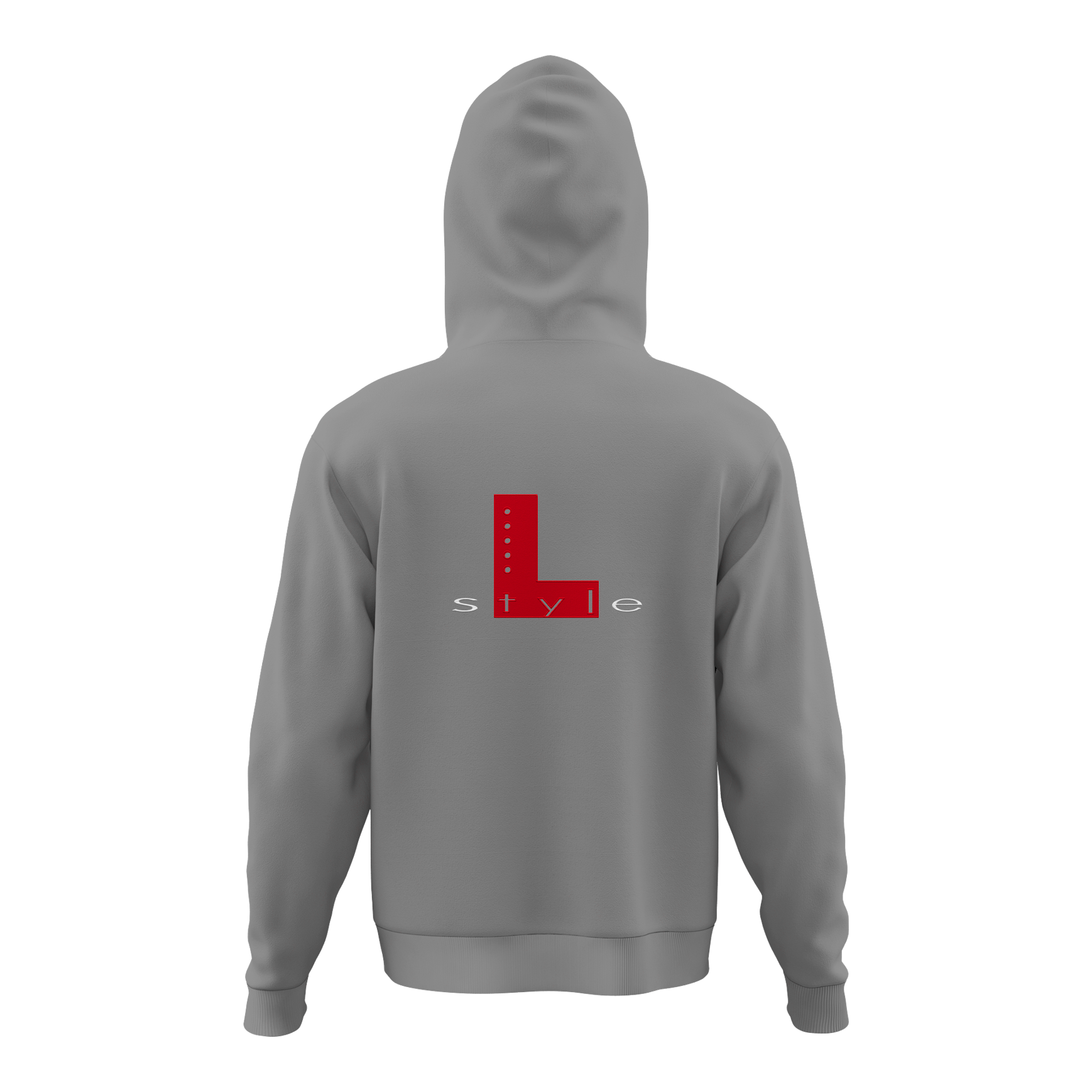 L-Style Hoodie - Grau Der Hoodie ist grau und hat auf der Rückseite ein großes rotes "L" mit dem Wort "style" darunter. Das Design ist schlicht und modern gehalten.