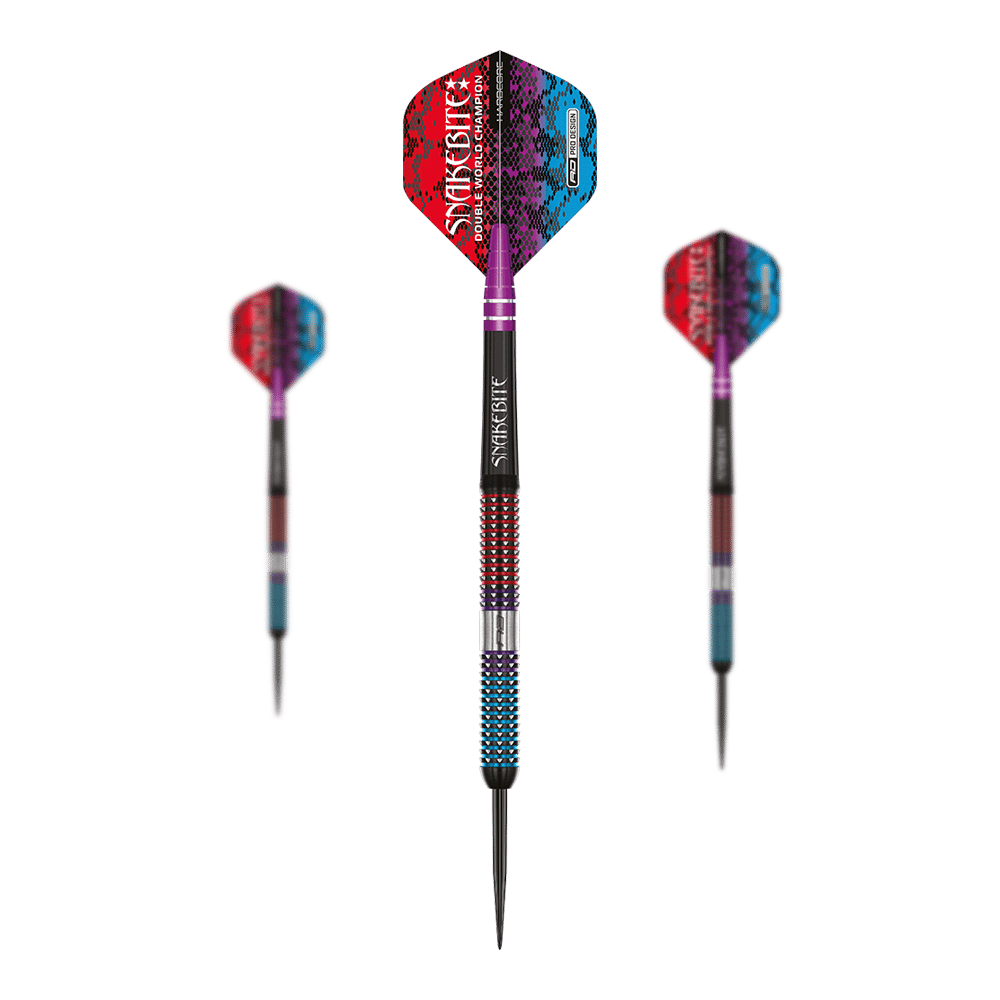 Das Bild zeigt drei bunte Steeldarts mit auffälligem Schlangenmuster auf den Flights. Die Darts haben metallische Spitzen und sind mit den Farben Rot, Blau und Lila gestaltet.