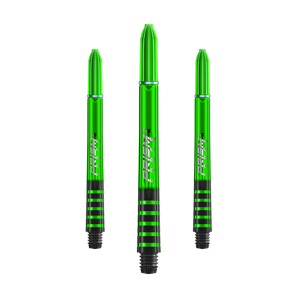 Auf dem Bild sind drei grüne Dart-Schäfte mit schwarzen Streifen zu sehen. In der Mitte der Schäfte steht der Schriftzug "PRISM FORCE".