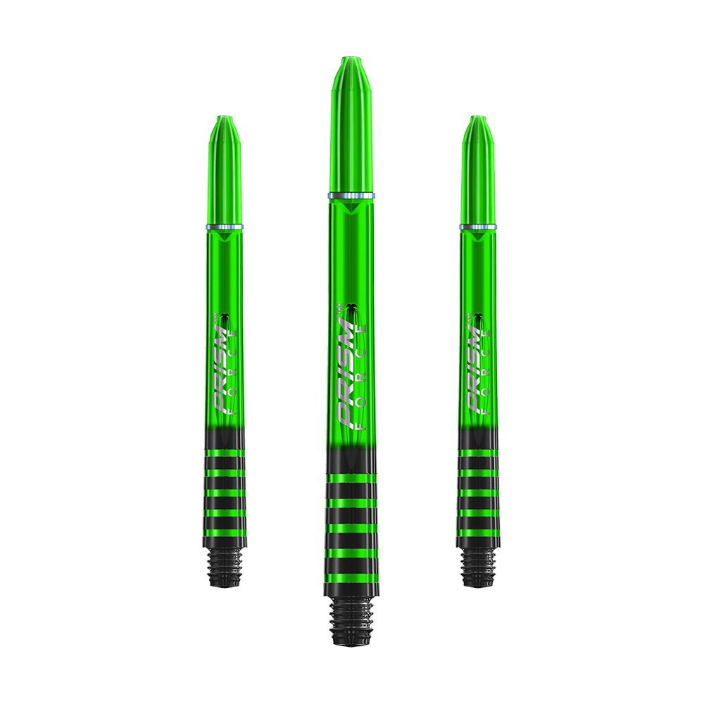 7020-205_Winmau_Prism_Force_Shafts_Gr-n_48mm_1 Auf dem Bild sind drei grüne Dart-Schäfte mit schwarzen Streifen zu sehen. In der Mitte der Schäfte steht der Schriftzug "PRISM FORCE".