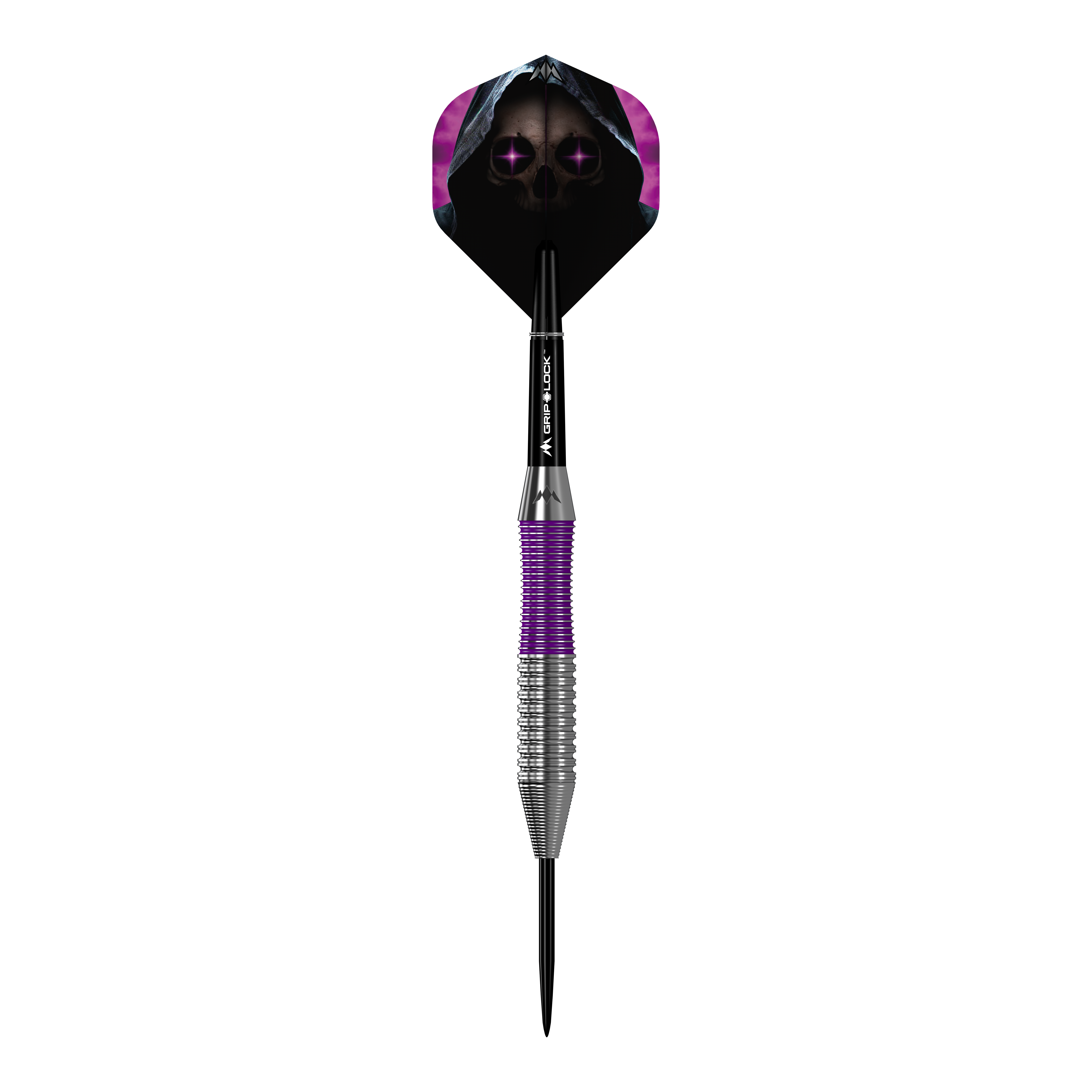 Mission Phantom Brass Steeldarts - 22g Das Bild zeigt den Mission Phantom Brass Steeldart mit einem Gewicht von 22 Gramm. Der Dart hat ein auffälliges Design mit violetten und silbernen Elementen sowie einer Flight-Grafik eines Totenkopfs mit Kapuze.