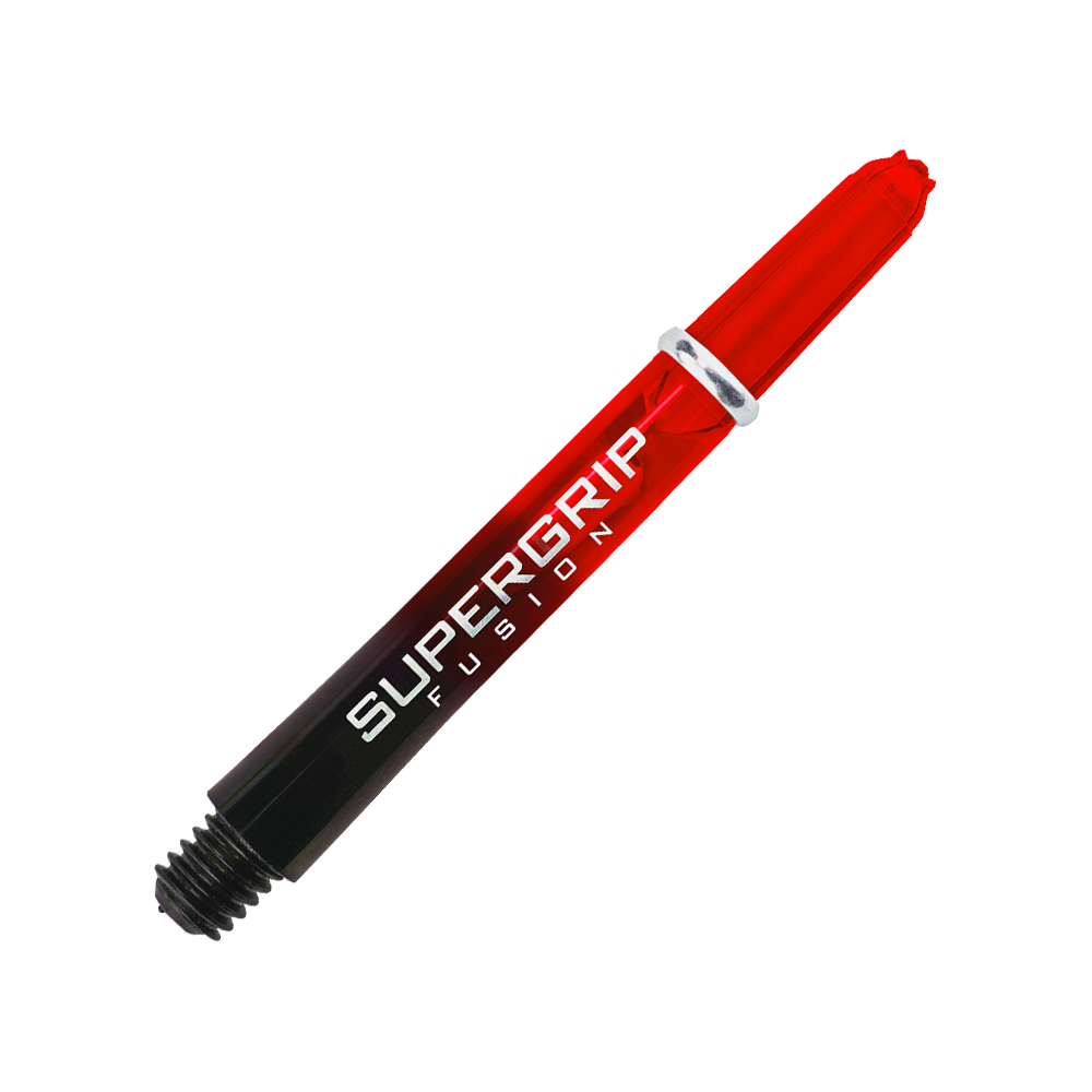 Das Bild zeigt einen Harrows Supergrip Fusion Shaft in Rot. Der Schriftzug "SUPERGRIP FUSION" ist deutlich auf dem Produkt zu sehen.