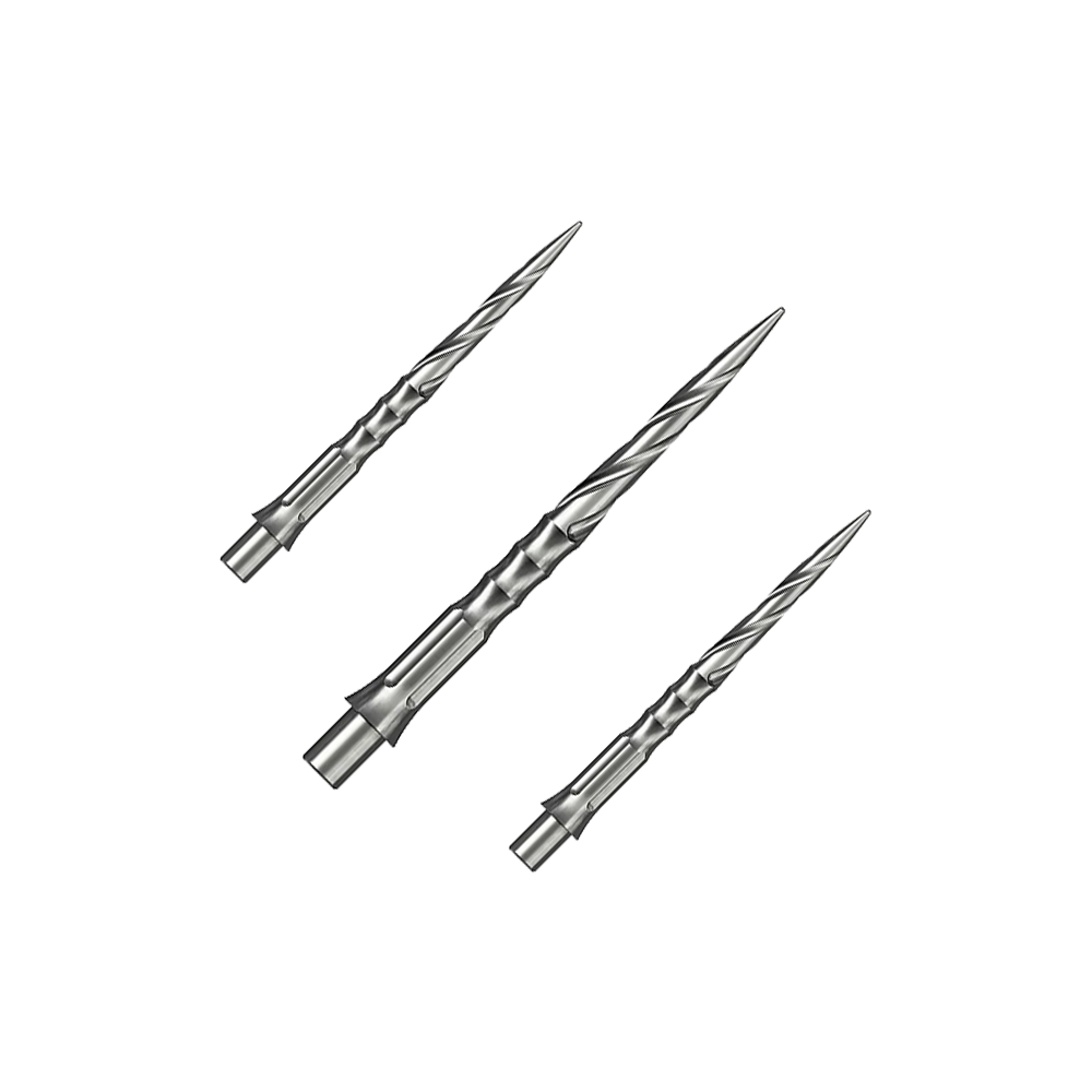 Caliburn System Steeldartspitzen - Spiro - NoLip - Silber Das Bild zeigt ein Set von Caliburn Evo System Steeldartspitzen in Silber, 28 mm lang und mit Spiro-Design. Mehrere Spitzen sind geordnet dargestellt.