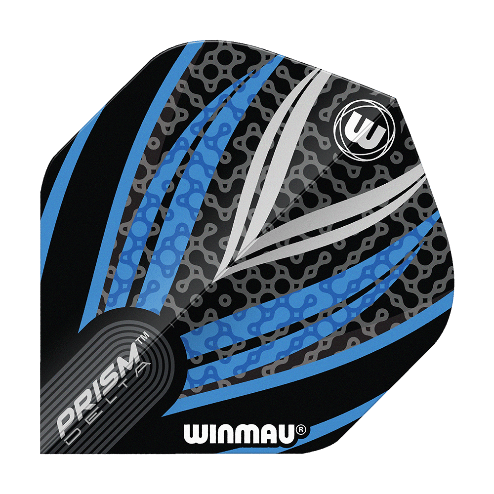 Das Bild zeigt ein Winmau Prism Delta Flight in den Farben Schwarz, Weiß und Blau. Das Design ist modern mit auffälligen Linien und Mustern.