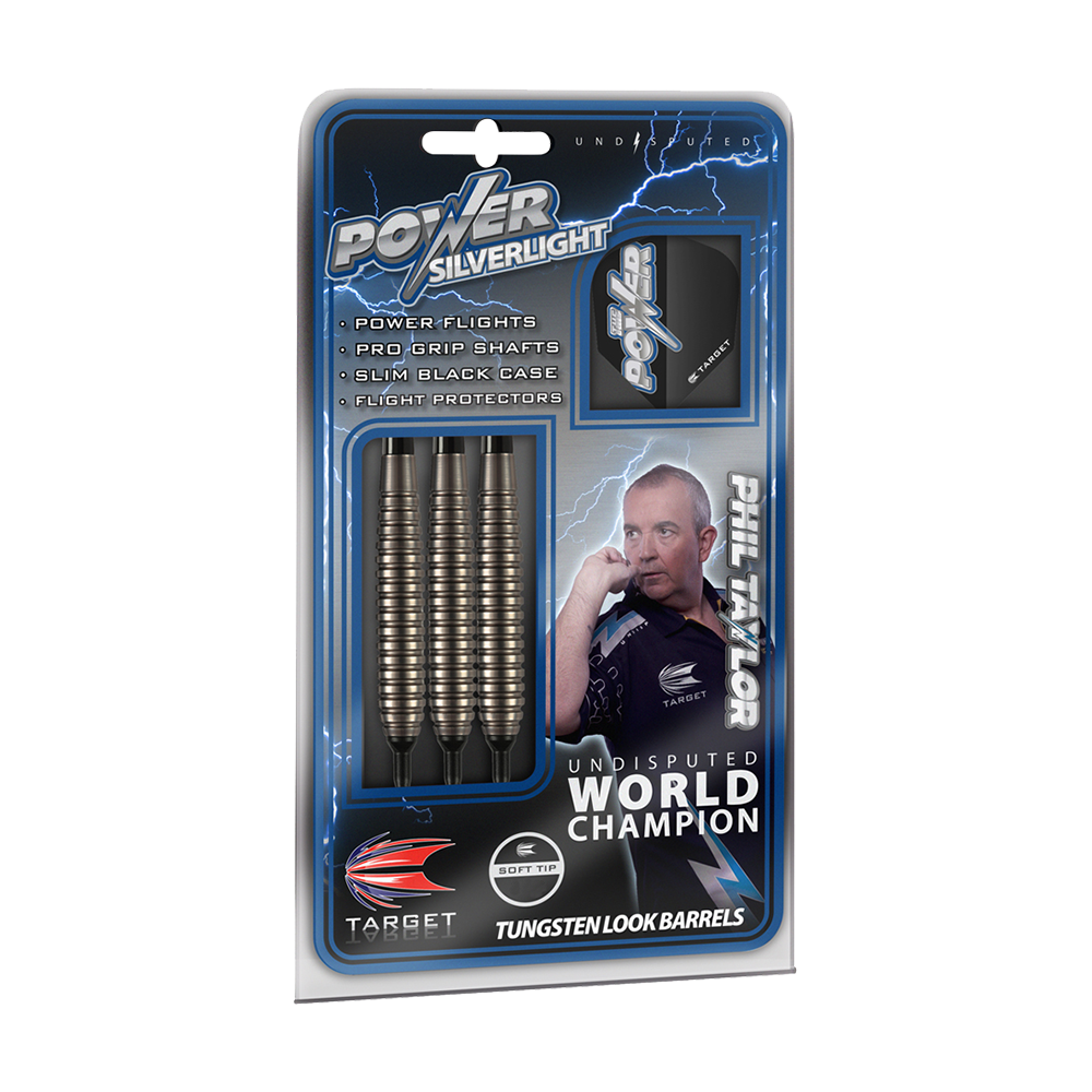 200270-Target-Phil-Taylor-Power-Silverlight-Softdarts-3-4-Plastikbox Die Abbildung zeigt das Produkt "Target Phil Taylor Power Silverlight Softdarts" in einer Verpackung mit drei Softdarts. Auf der Verpackung ist ein Bild von Phil Taylor sowie Informationen zu den enthaltenen Features abgebildet.