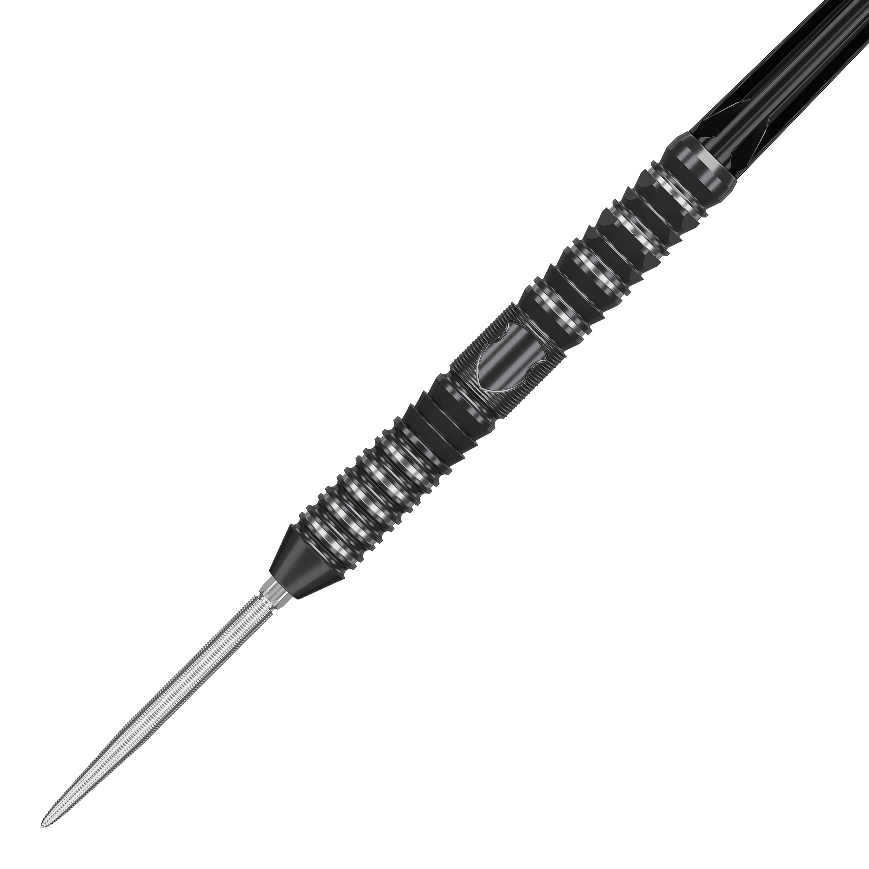 Das Bild zeigt einen Target Japan Black Marque Draco GEN2 Steeldart. Der Dartpfeil ist schwarz mit silbernen Rillen und hat ein modernes, strukturiertes Design.