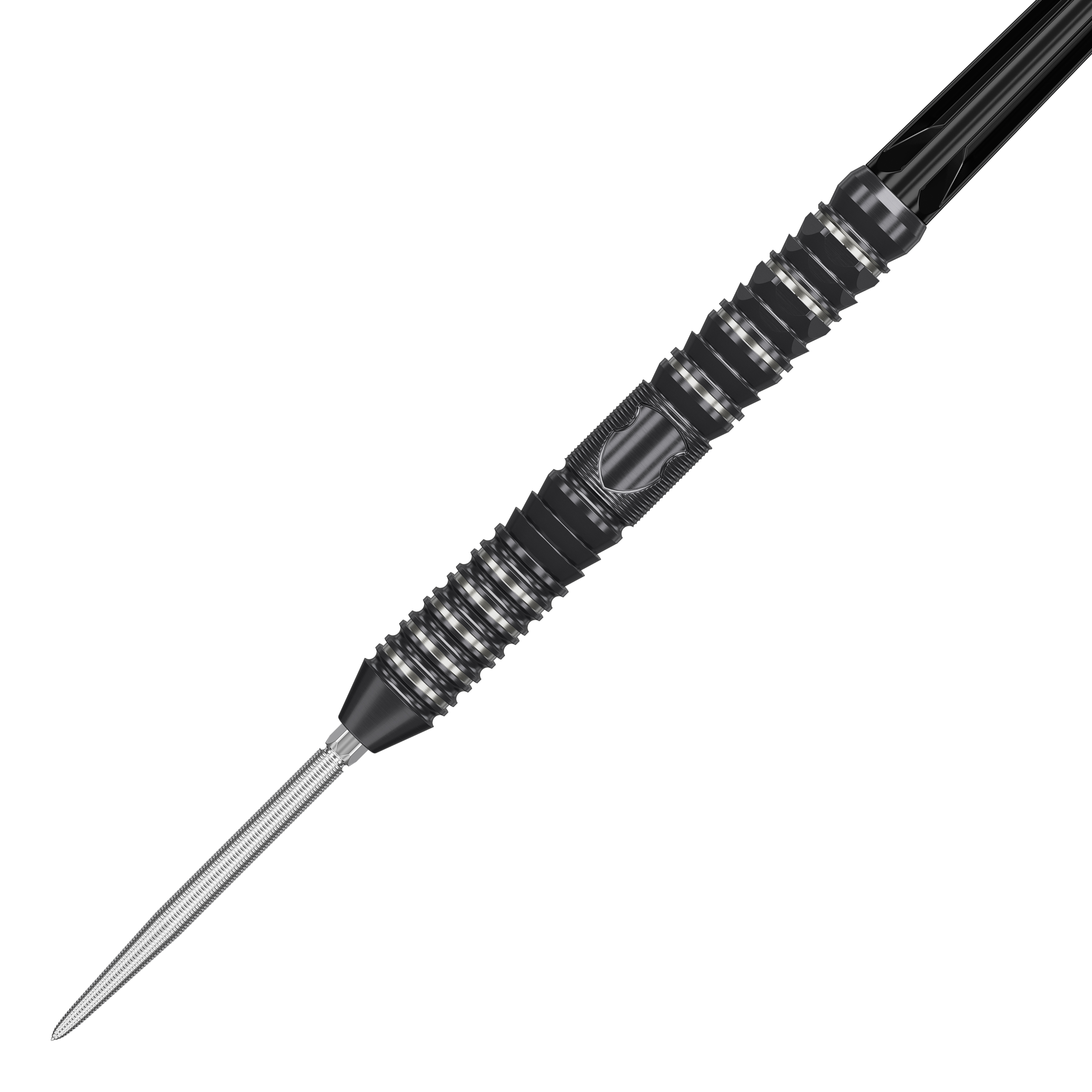Target Japan Black Marque Draco GEN2 Steeldarts Das Bild zeigt einen Target Japan Black Marque Draco GEN2 Steeldart. Der Dartpfeil ist schwarz mit silbernen Rillen und hat ein modernes, strukturiertes Design.