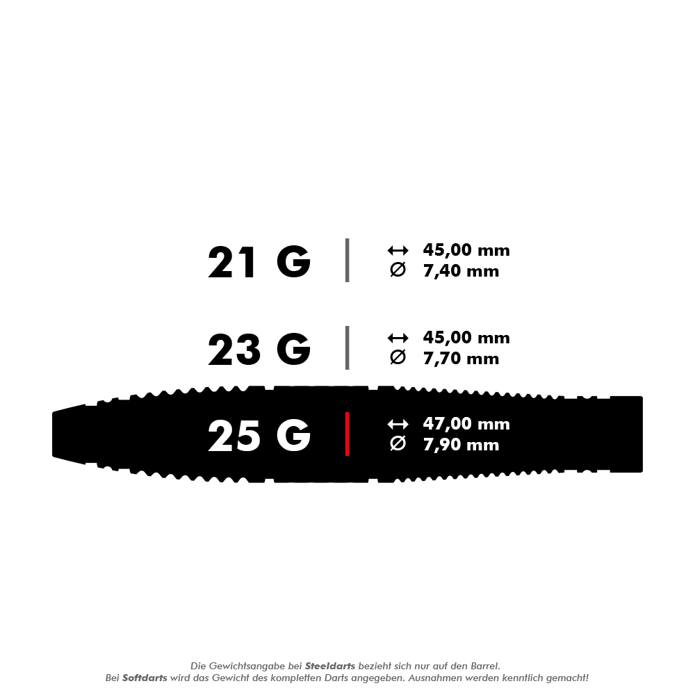 Das Bild zeigt drei verschiedene Steeldarts mit den Gewichten 21 g, 23 g und 25 g. Die Maße Länge und Durchmesser sind für jedes Gewicht angegeben.