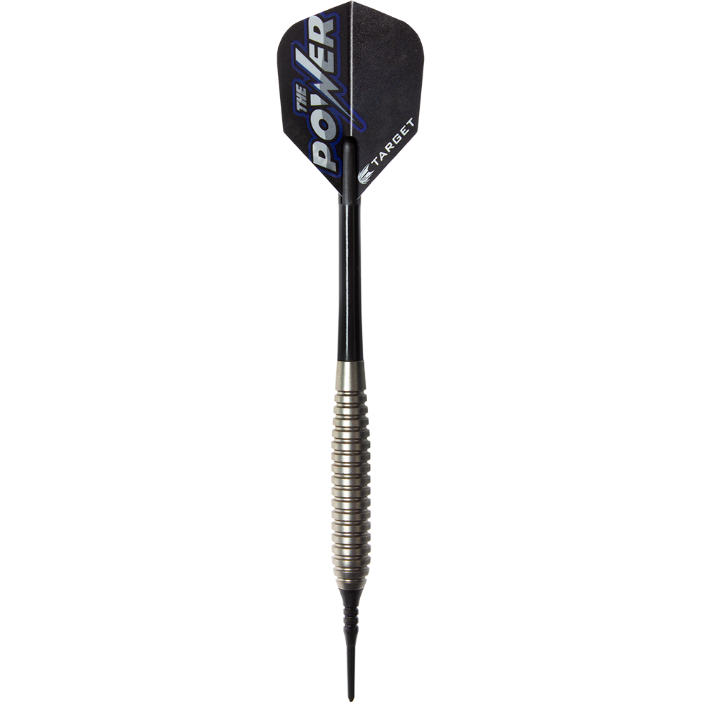200270-Target-Phil-Taylor-Power-Silverlight-Softdarts-1FRuA3xuIVDbRR Das Bild zeigt einen Target Phil Taylor Power Silverlight Softdart. Der Dartpfeil hat eine gerillte silberne Spitze und einen schwarzen Schaft mit "THE POWER" auf der Flights.